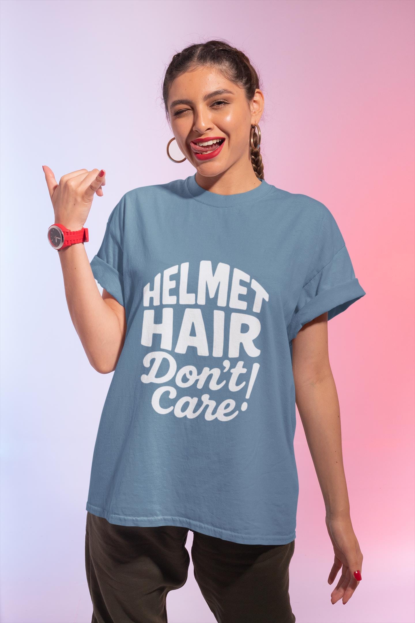 Helmet Hair Don't Care T-shirt, this motorcycle tee captures the carefree spirit of true bike lovers.
