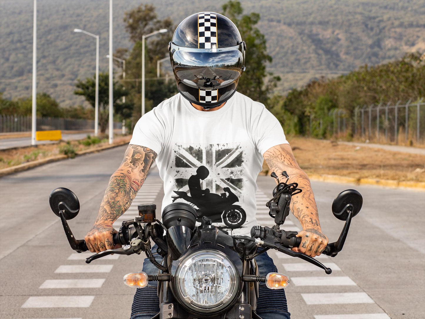 Union Jack Biker T-Shirt, This union jack shirt fuses passion for the open road with a touch of British flair, making it the perfect england shirt for any motorcycle rider.