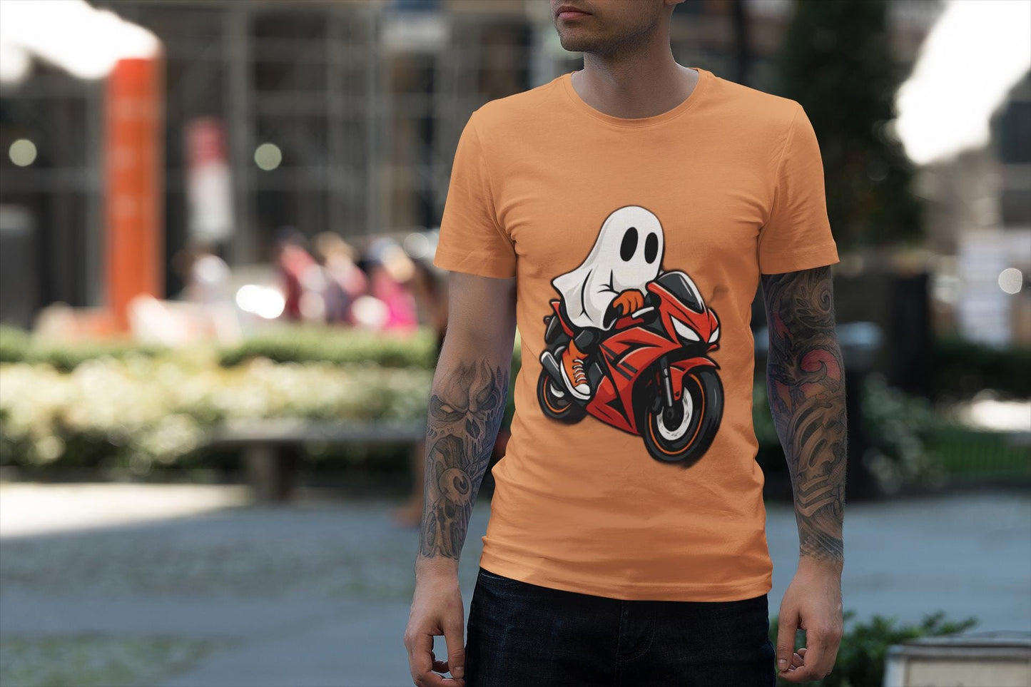 Ghosty Biker T-shirt, This ghost rider shirt captures the essence of Halloween with its hauntingly cool design, making it an essential piece for motorcycle enthusiasts who crave a dose of the supernatural.
