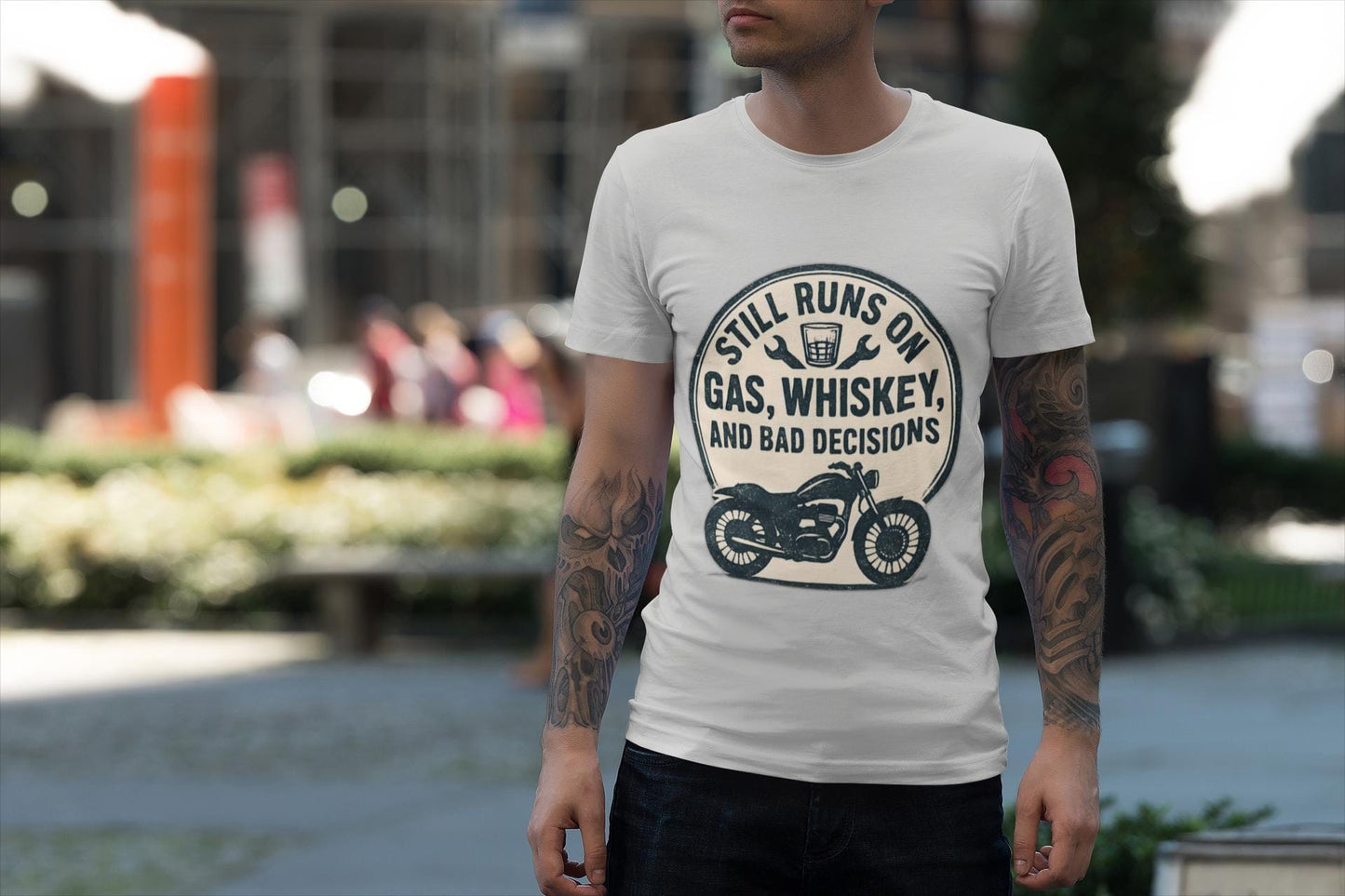 Still Runs On Gas Whiskey And Bad Decisions Shirt, This motorcycle tee blends humor with style, making it an essential addition to any biker's wardrobe.