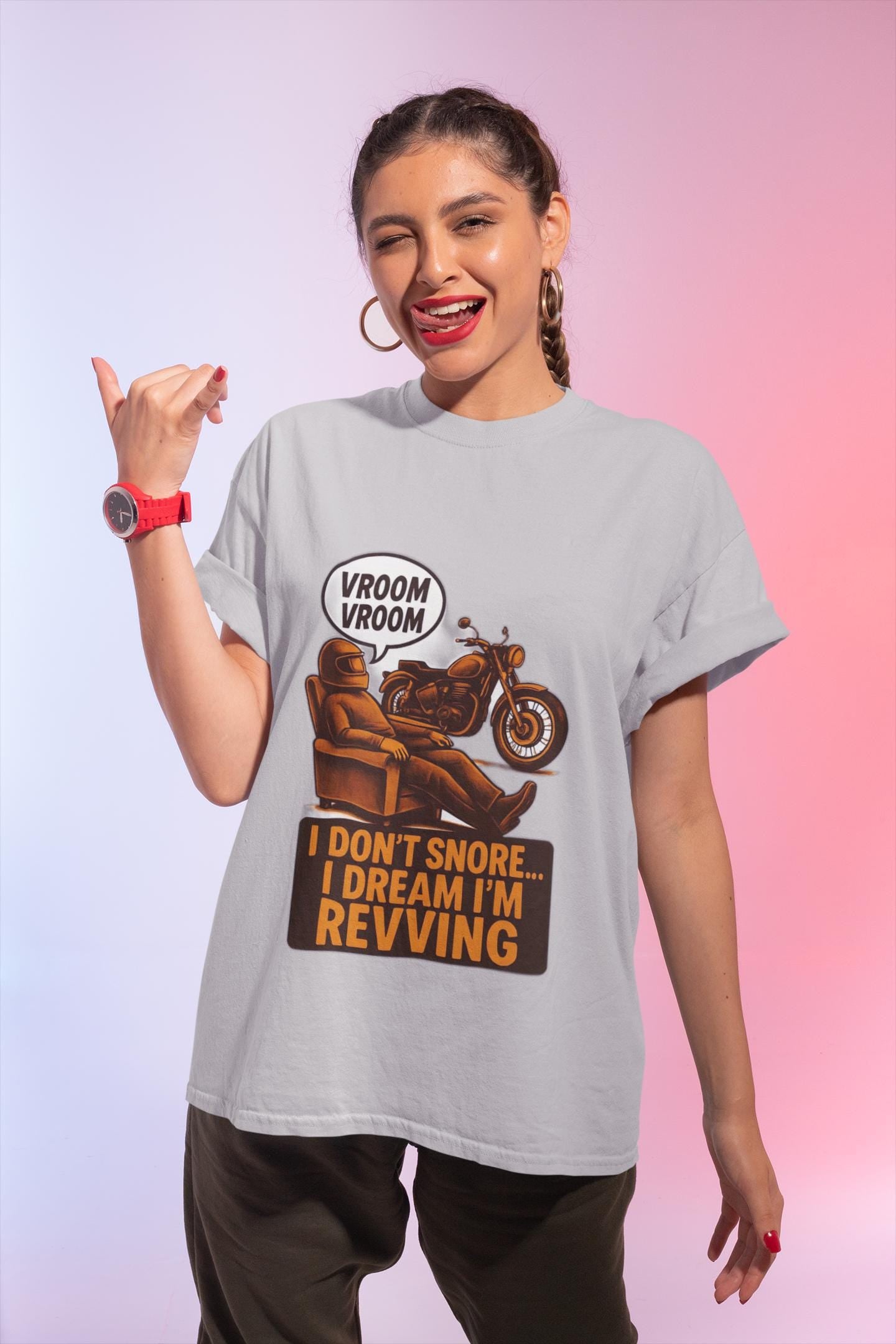 I Don't Snore I Dream I'm Revving T-Shirt, This piece of motorcycle apparel combines humor with style, making it an ideal biker gift that speaks volumes.