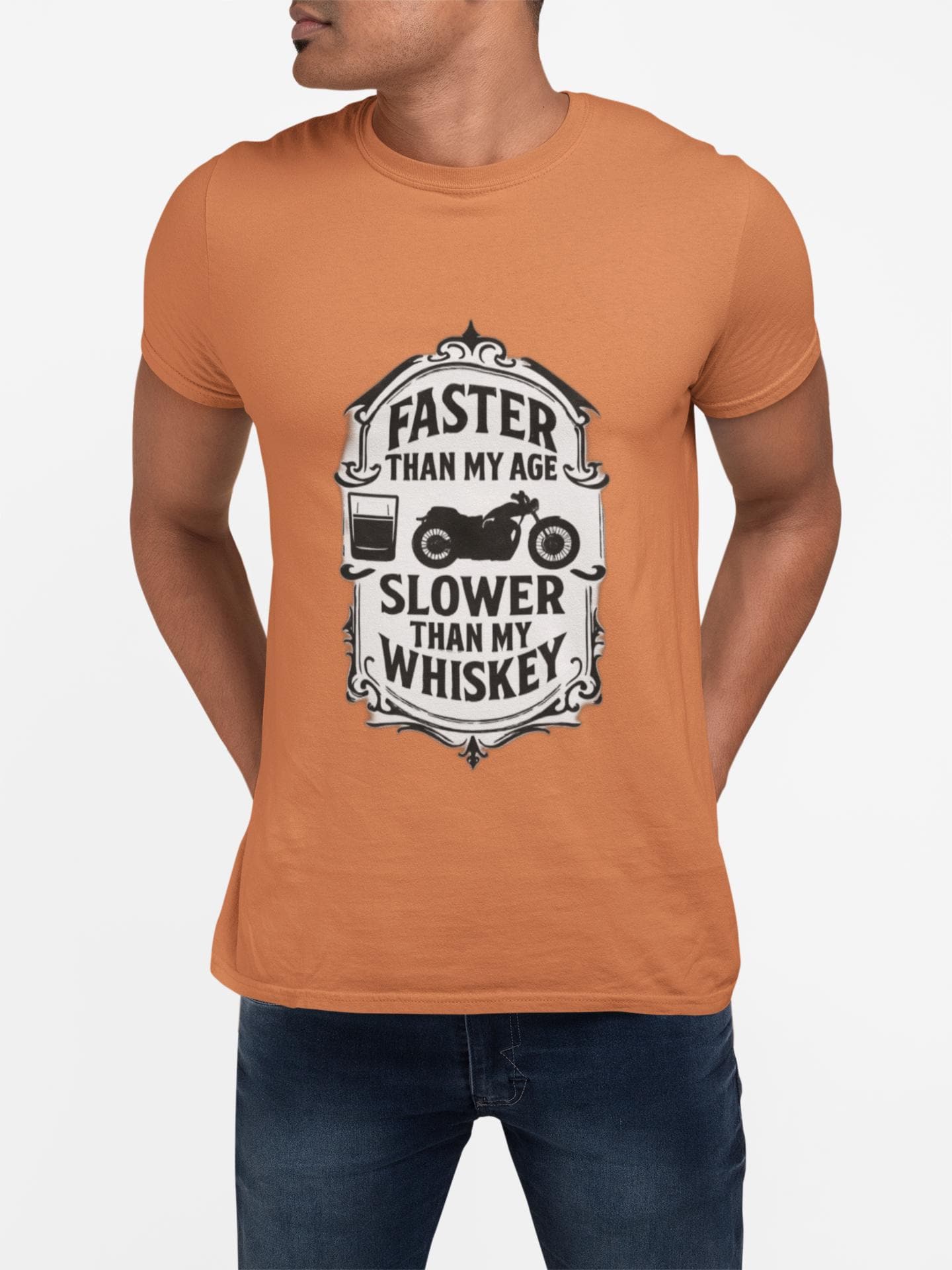Faster Than My Age Slower Than My Whiskey T-shirt, This vintage-inspired motorbike tee is a salute to the open road, perfect as both biker apparel and a distinctive biker gift