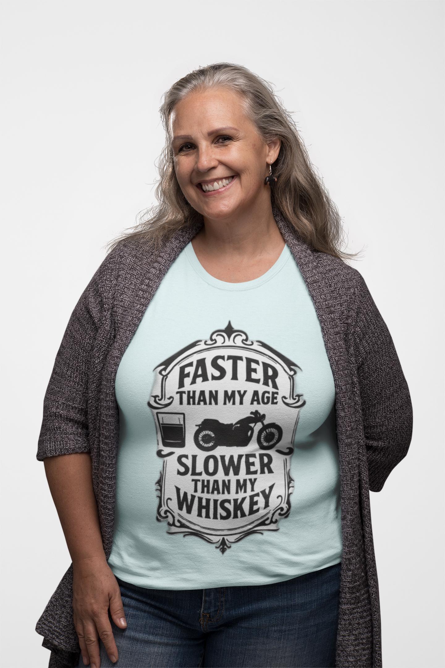 Faster Than My Age Slower Than My Whiskey T-shirt, This vintage-inspired motorbike tee is a salute to the open road, perfect as both biker apparel and a distinctive biker gift