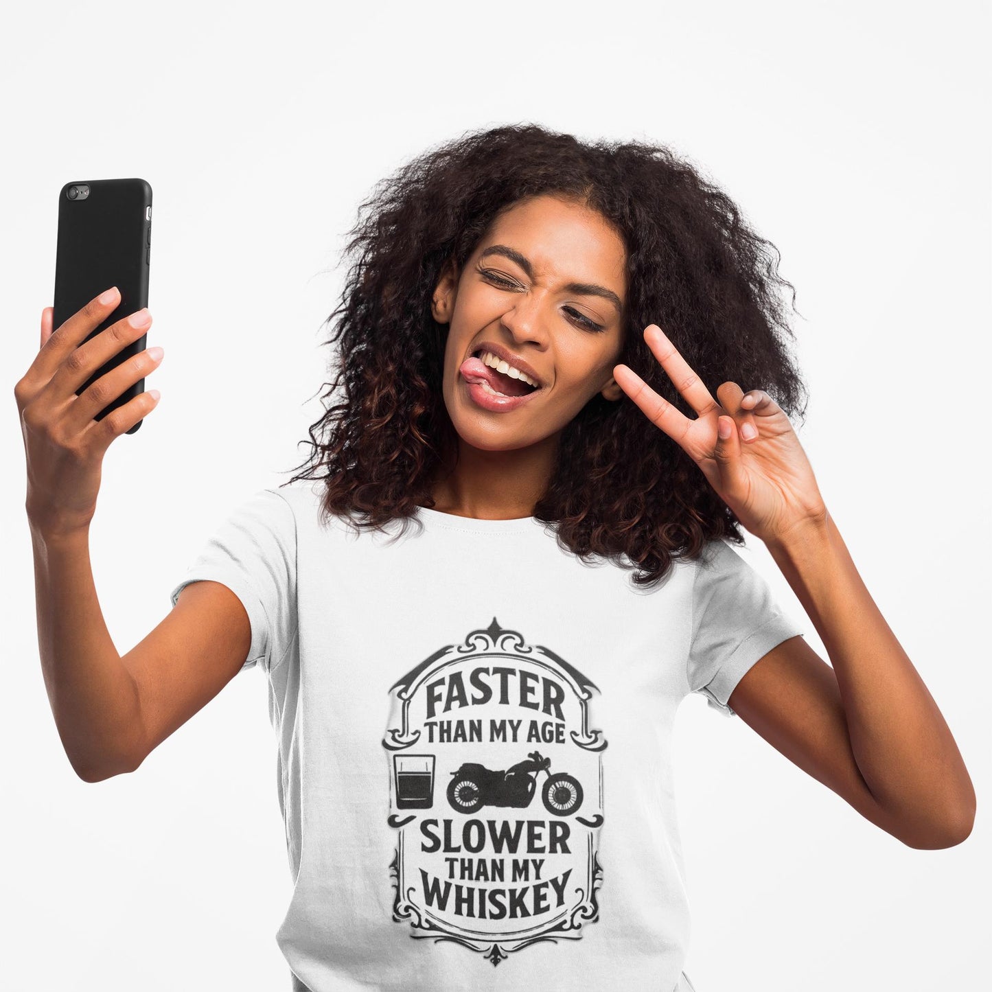 Faster Than My Age Slower Than My Whiskey T-shirt, This vintage-inspired motorbike tee is a salute to the open road, perfect as both biker apparel and a distinctive biker gift