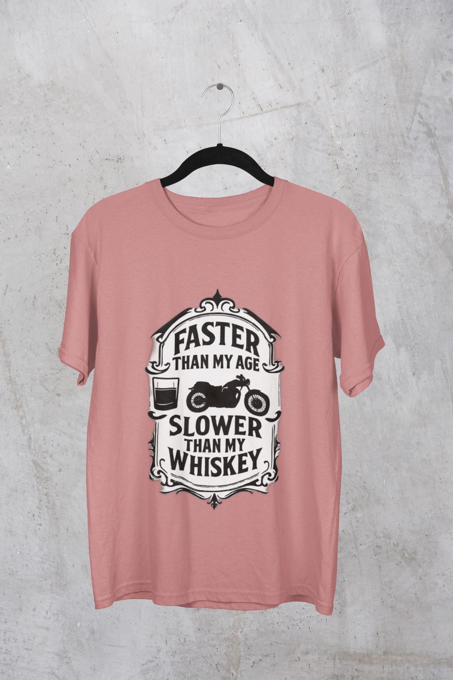 Faster Than My Age Slower Than My Whiskey T-shirt, This vintage-inspired motorbike tee is a salute to the open road, perfect as both biker apparel and a distinctive biker gift