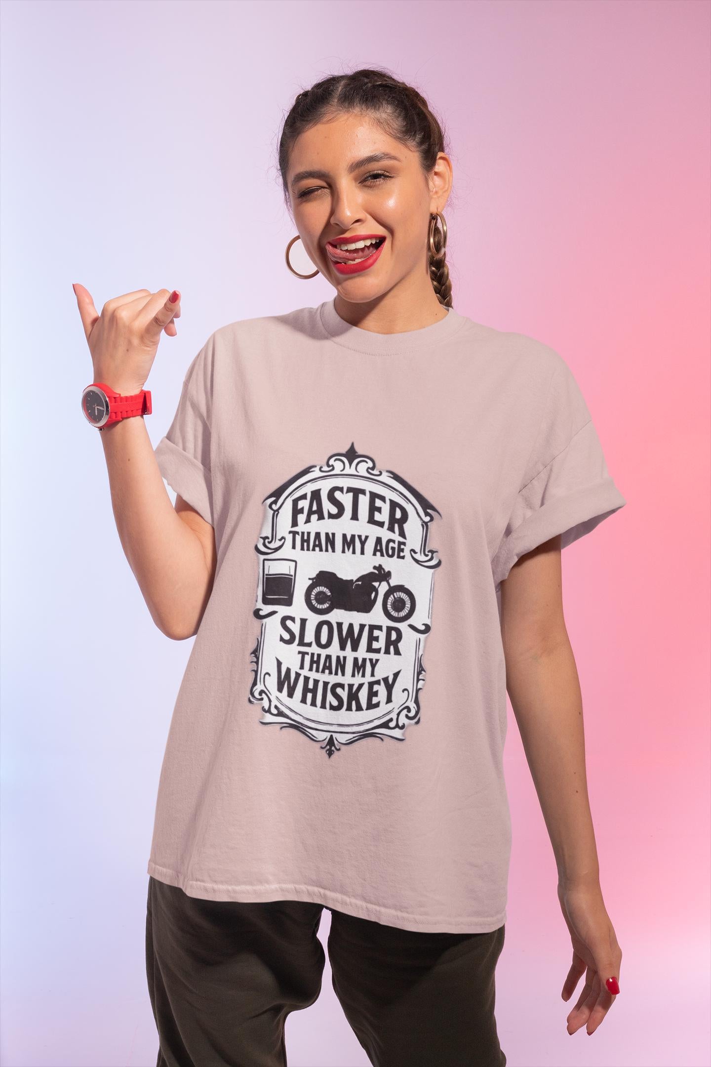Faster Than My Age Slower Than My Whiskey T-shirt, This vintage-inspired motorbike tee is a salute to the open road, perfect as both biker apparel and a distinctive biker gift