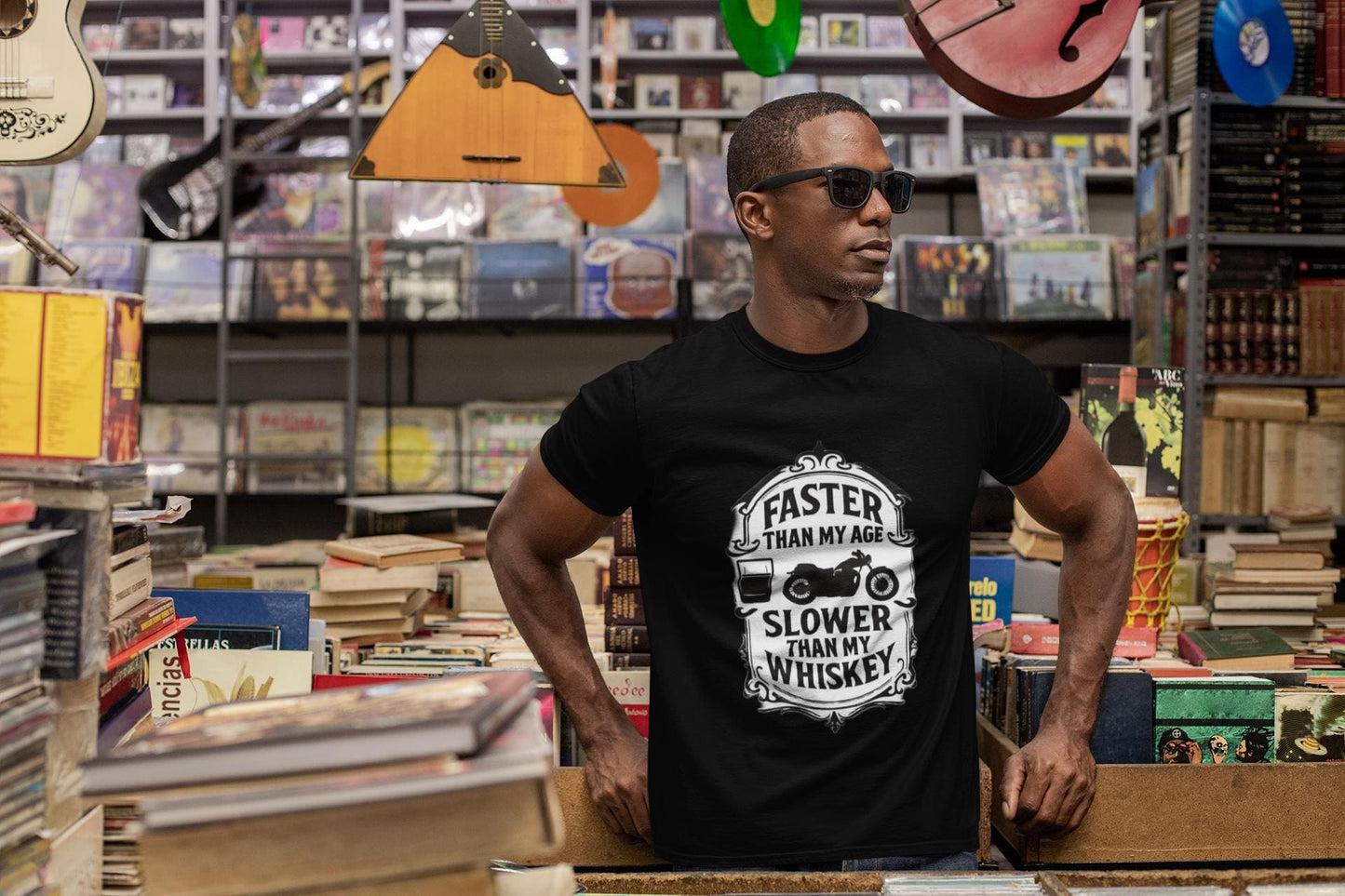 Faster Than My Age Slower Than My Whiskey T-shirt, This vintage-inspired motorbike tee is a salute to the open road, perfect as both biker apparel and a distinctive biker gift