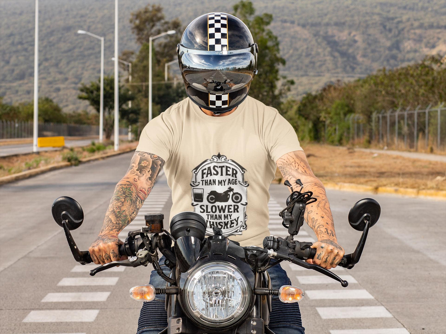 Faster Than My Age Slower Than My Whiskey T-shirt, This vintage-inspired motorbike tee is a salute to the open road, perfect as both biker apparel and a distinctive biker gift