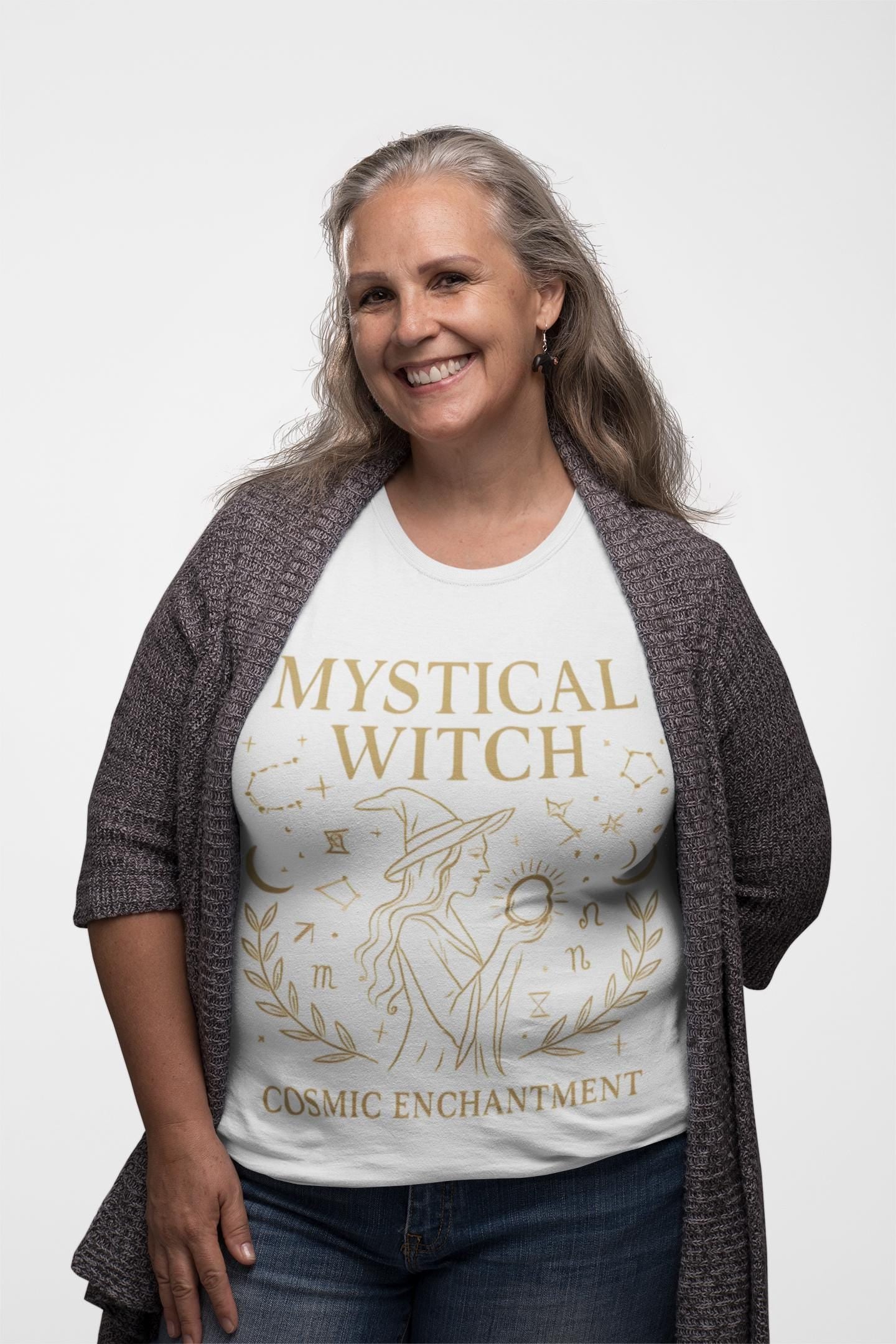 Mystical Witch Cosmic Enchantment T-shirt, perfect for any witchy woman seeking to channel her inner celestial witch.