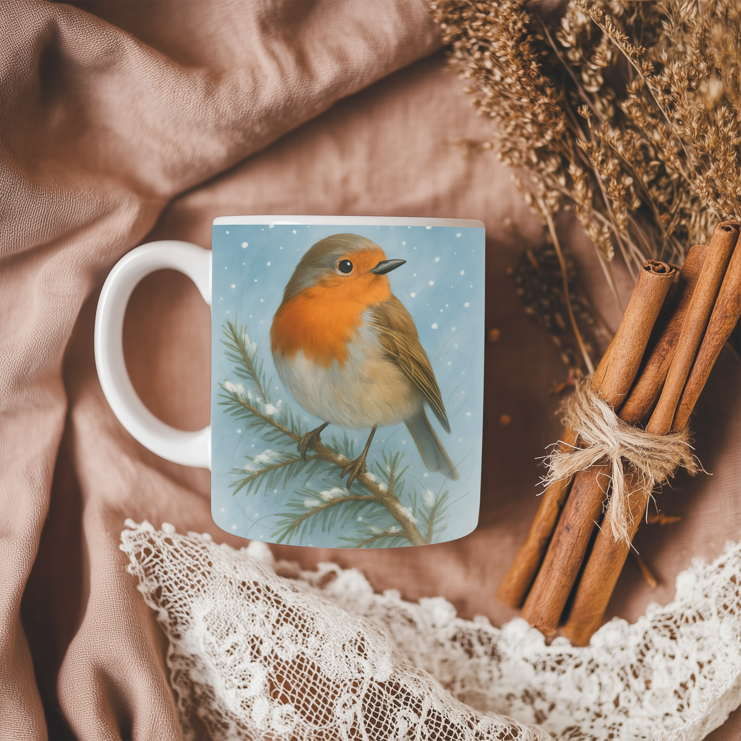 Winter Robin Coffee Mug, This enchanting festive mug captures the essence of Christmas with its charming illustration of a winter robin.robin coffee mug