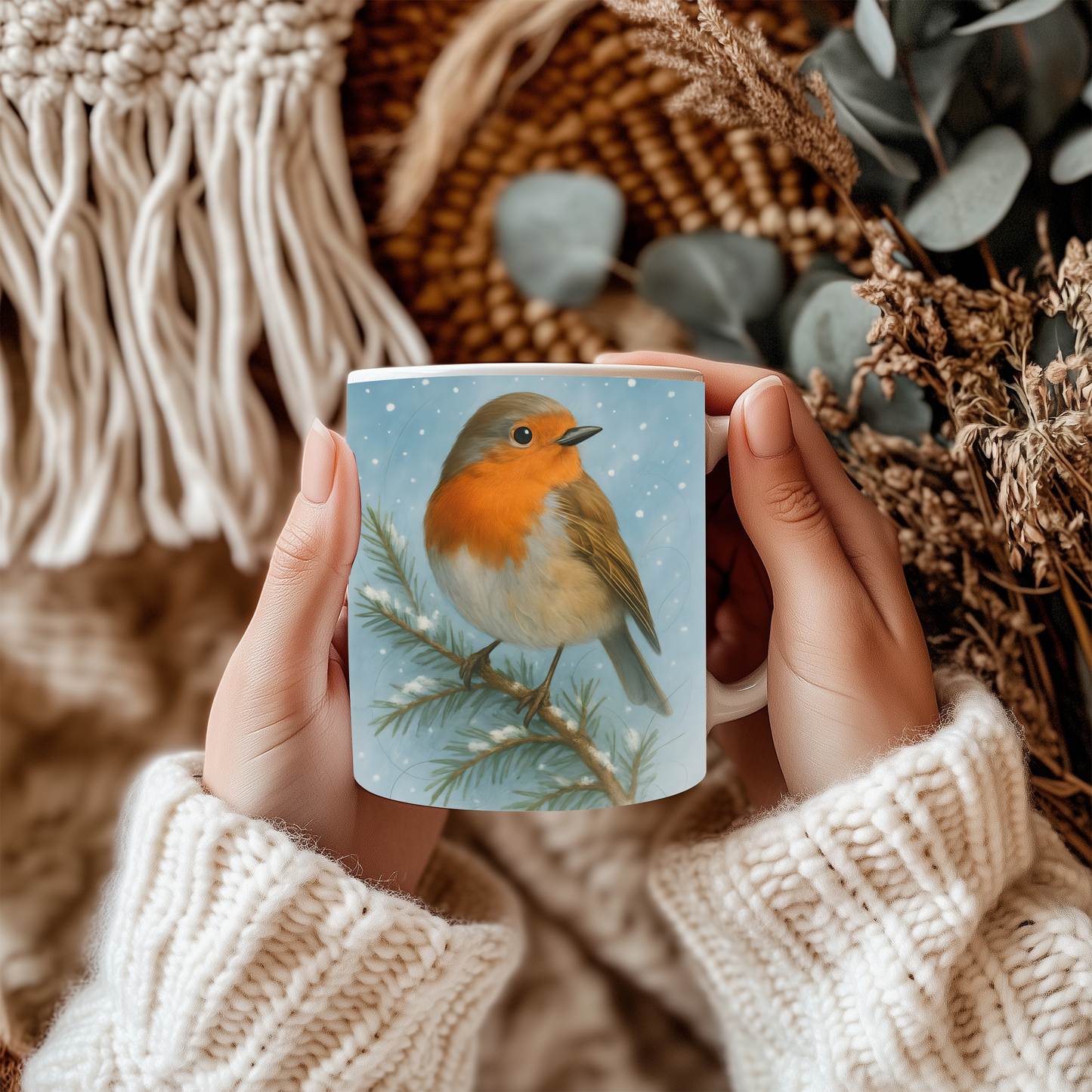 Winter Robin Coffee Mug, This enchanting festive mug captures the essence of Christmas with its charming illustration of a winter robin.robin coffee mug