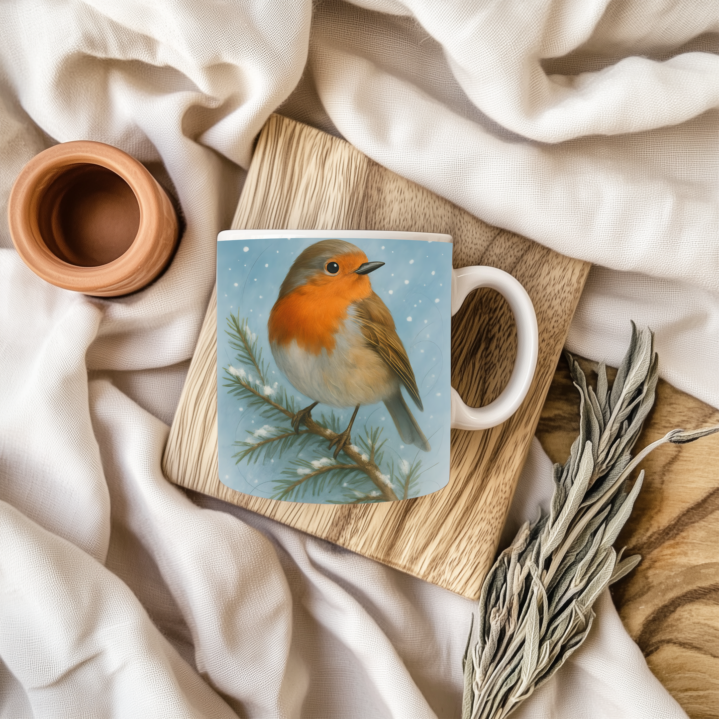 Winter Robin Coffee Mug, This enchanting festive mug captures the essence of Christmas with its charming illustration of a winter robin.robin coffee mug
