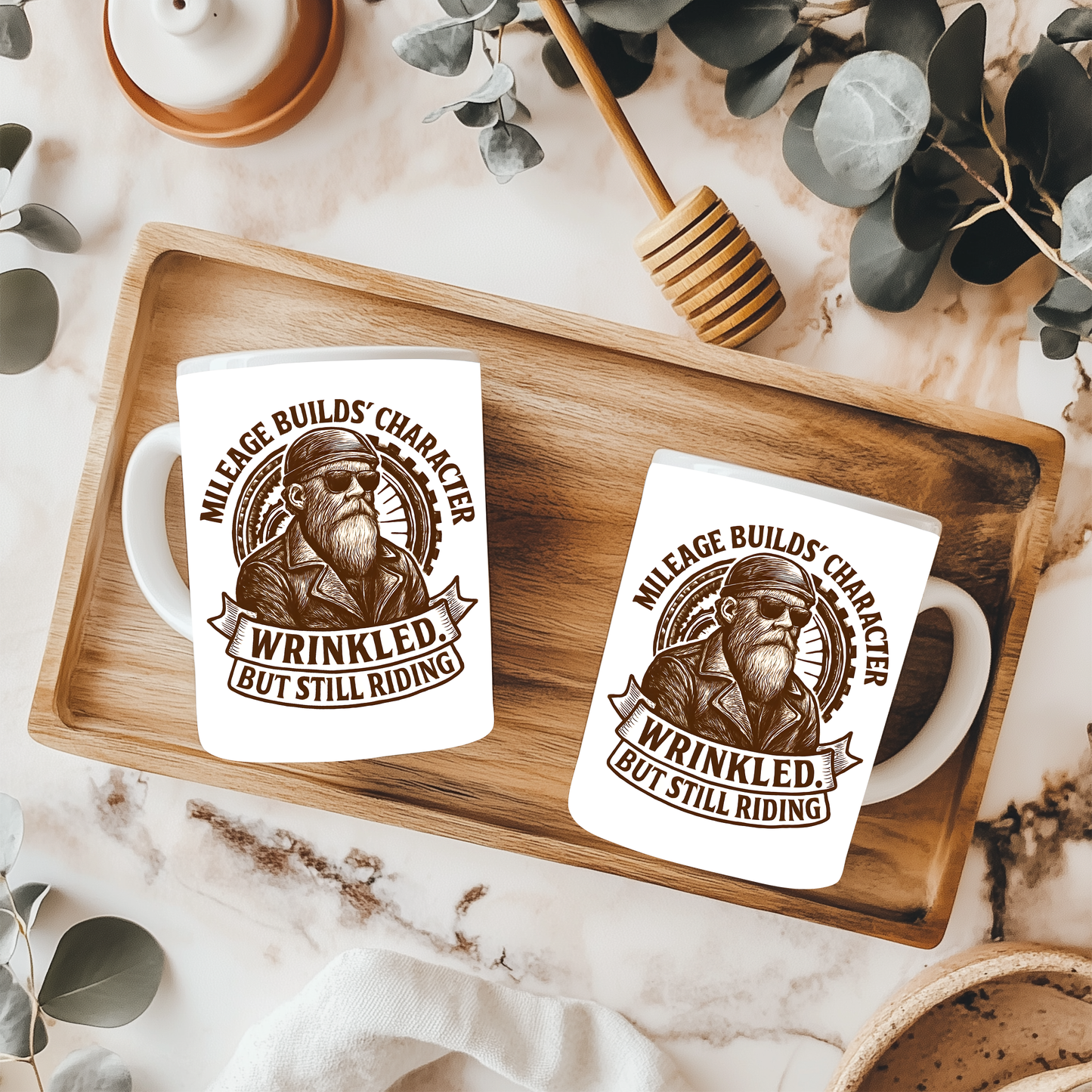 Mileage Builds Character Mug, Whether you're gifting it to a fellow rider or indulging in a biker coffee mug for yourself, it's more than just a drink; it's a tribute to the timeless adventure that says, "you're never too old."