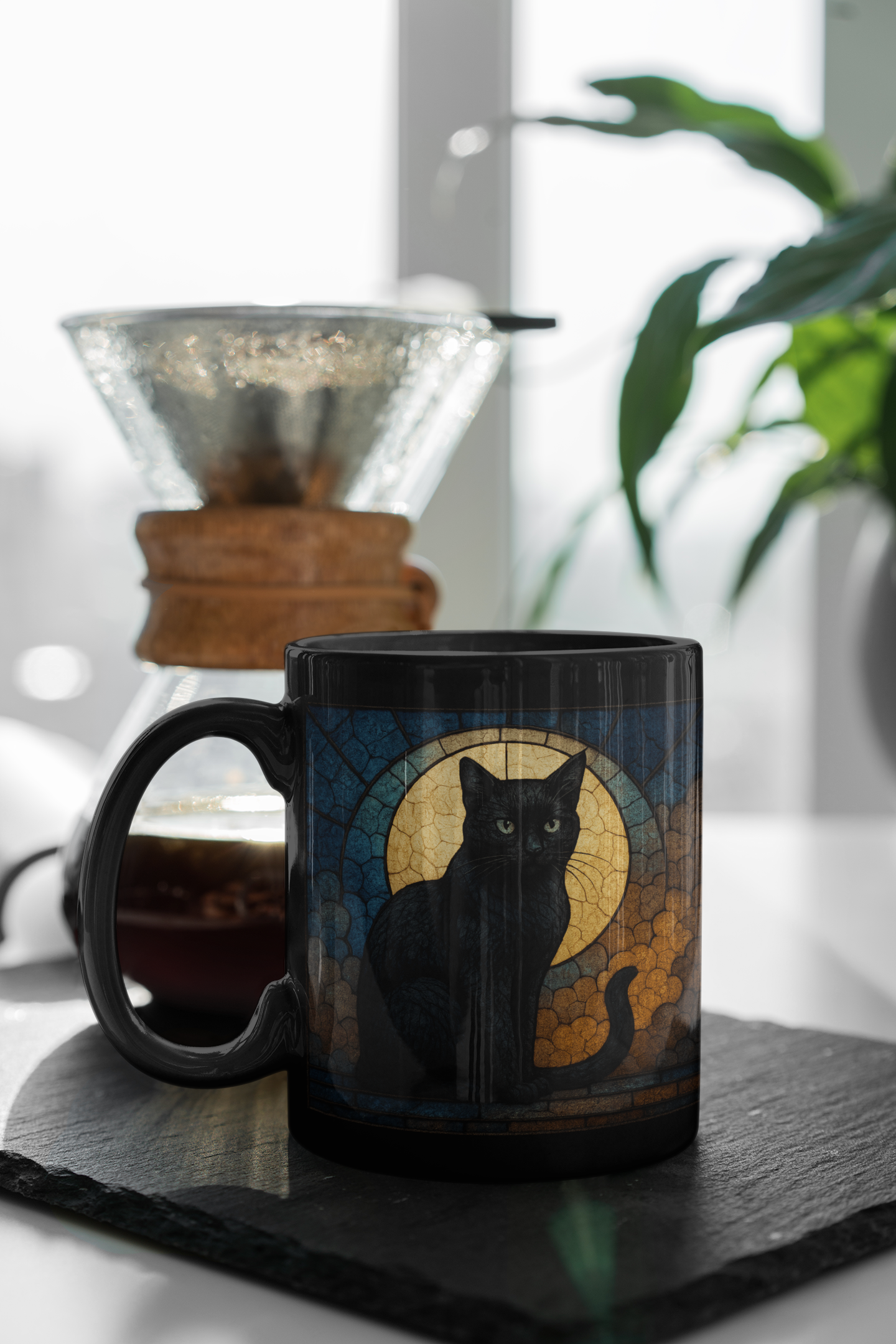 Moon Cat Stained Glass Effect Mug, Embrace the mysterious elegance with every sip, and let this cat stained glass masterpiece become your new favorite moon mug. witchy gift