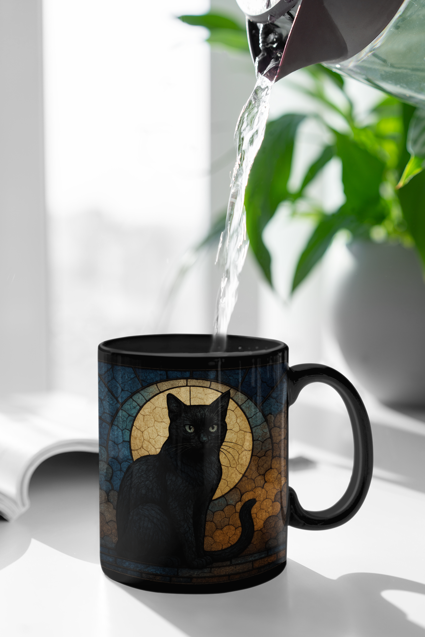 Moon Cat Stained Glass Effect Mug, Embrace the mysterious elegance with every sip, and let this cat stained glass masterpiece become your new favorite moon mug. witchy gift