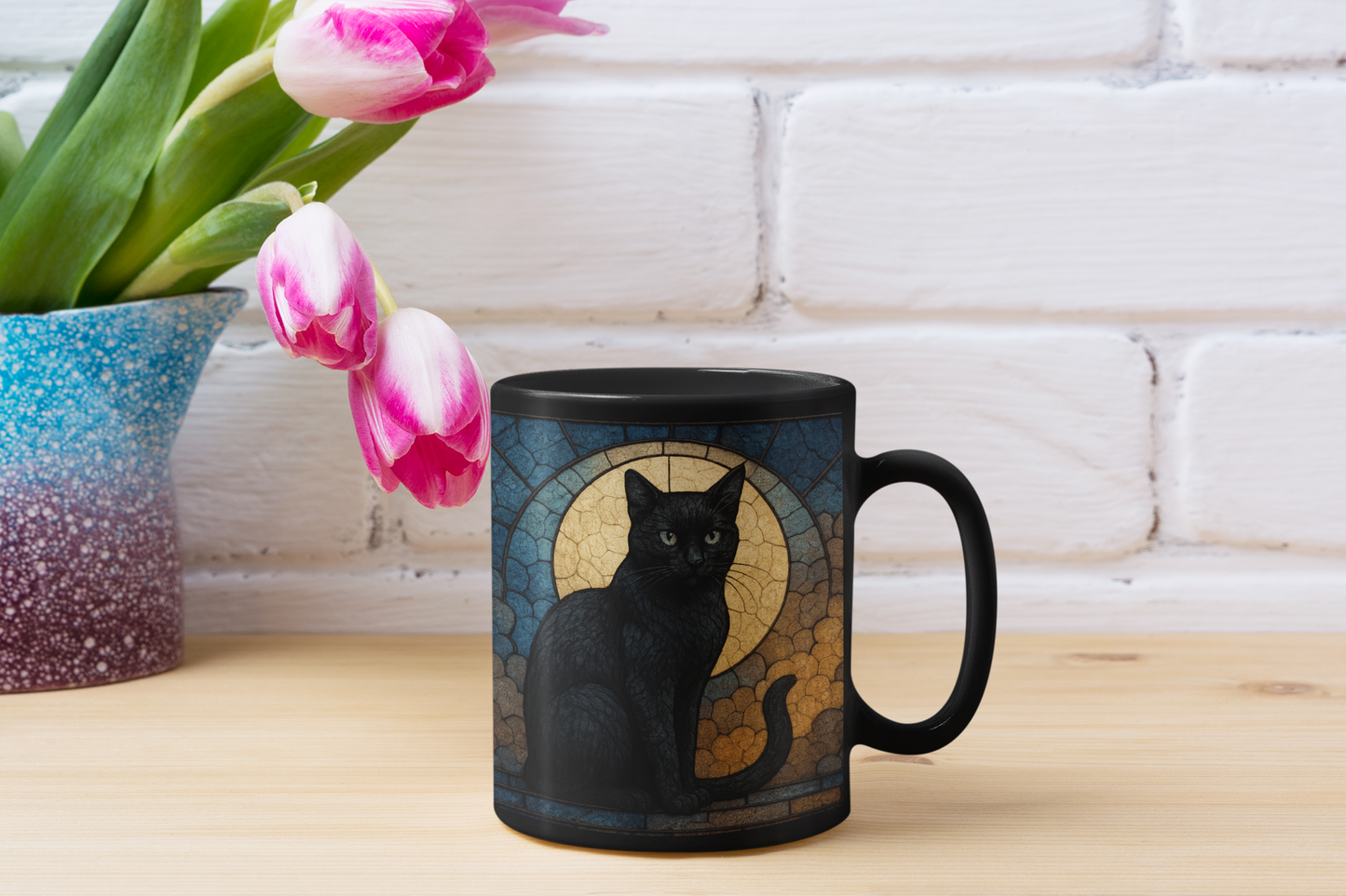 Moon Cat Stained Glass Effect Mug, Embrace the mysterious elegance with every sip, and let this cat stained glass masterpiece become your new favorite moon mug. witchy gift