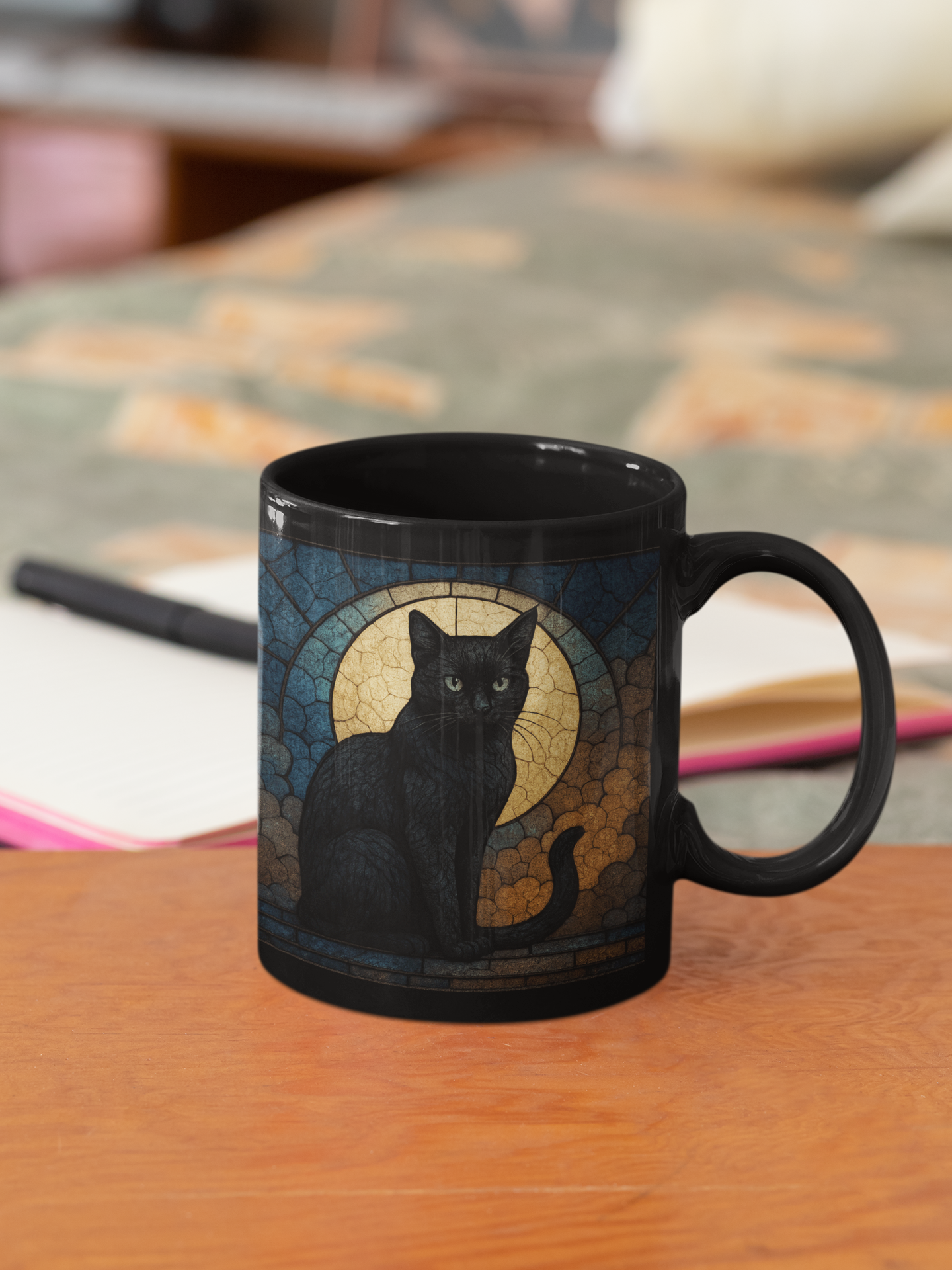 Moon Cat Stained Glass Effect Mug, Embrace the mysterious elegance with every sip, and let this cat stained glass masterpiece become your new favorite moon mug. witchy gift