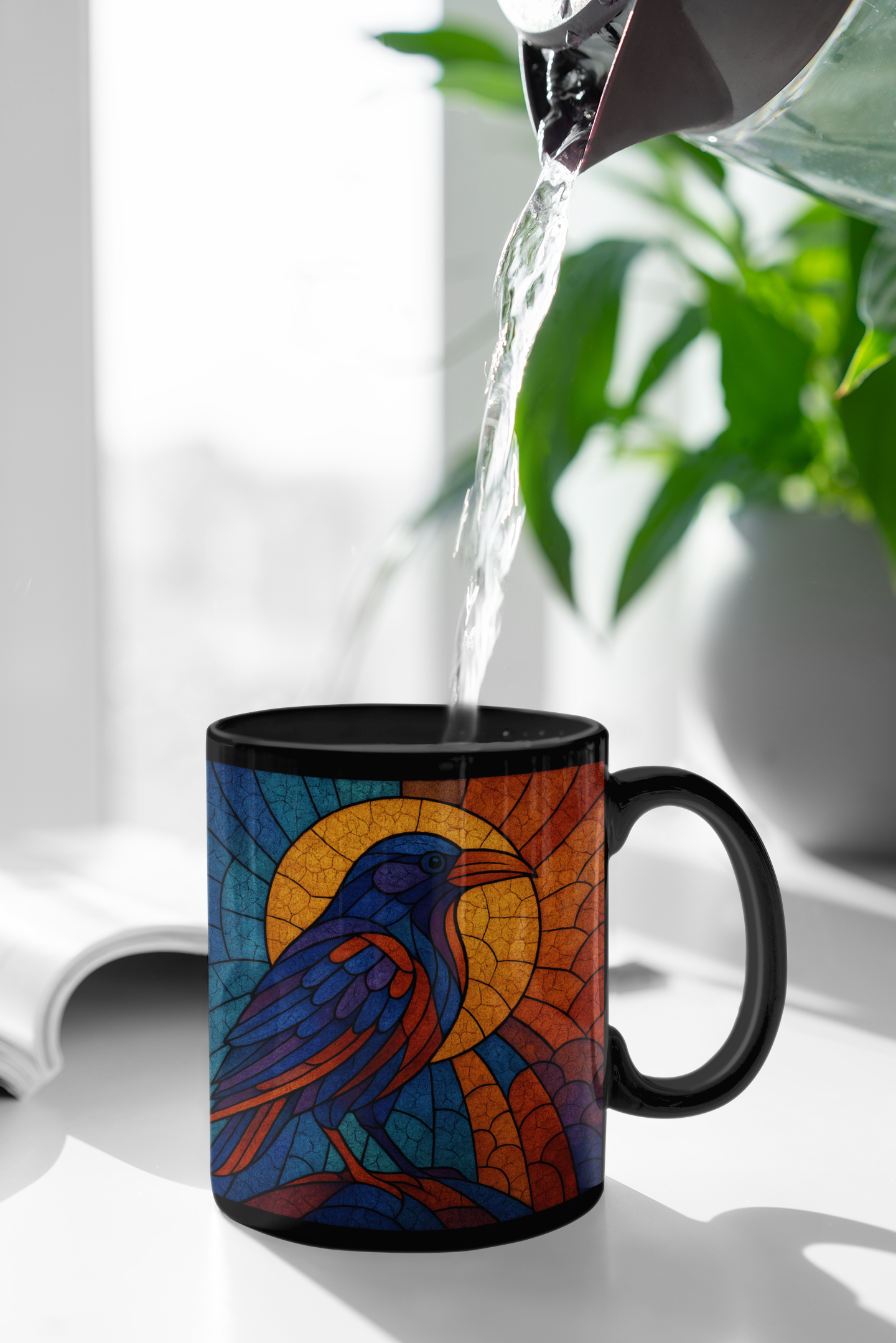Raven Stained-Glass Effect Mug, This raven mug isn't just a drinkware item; it's an exquisite raven gift for those who cherish the mystique of these storied creatures.