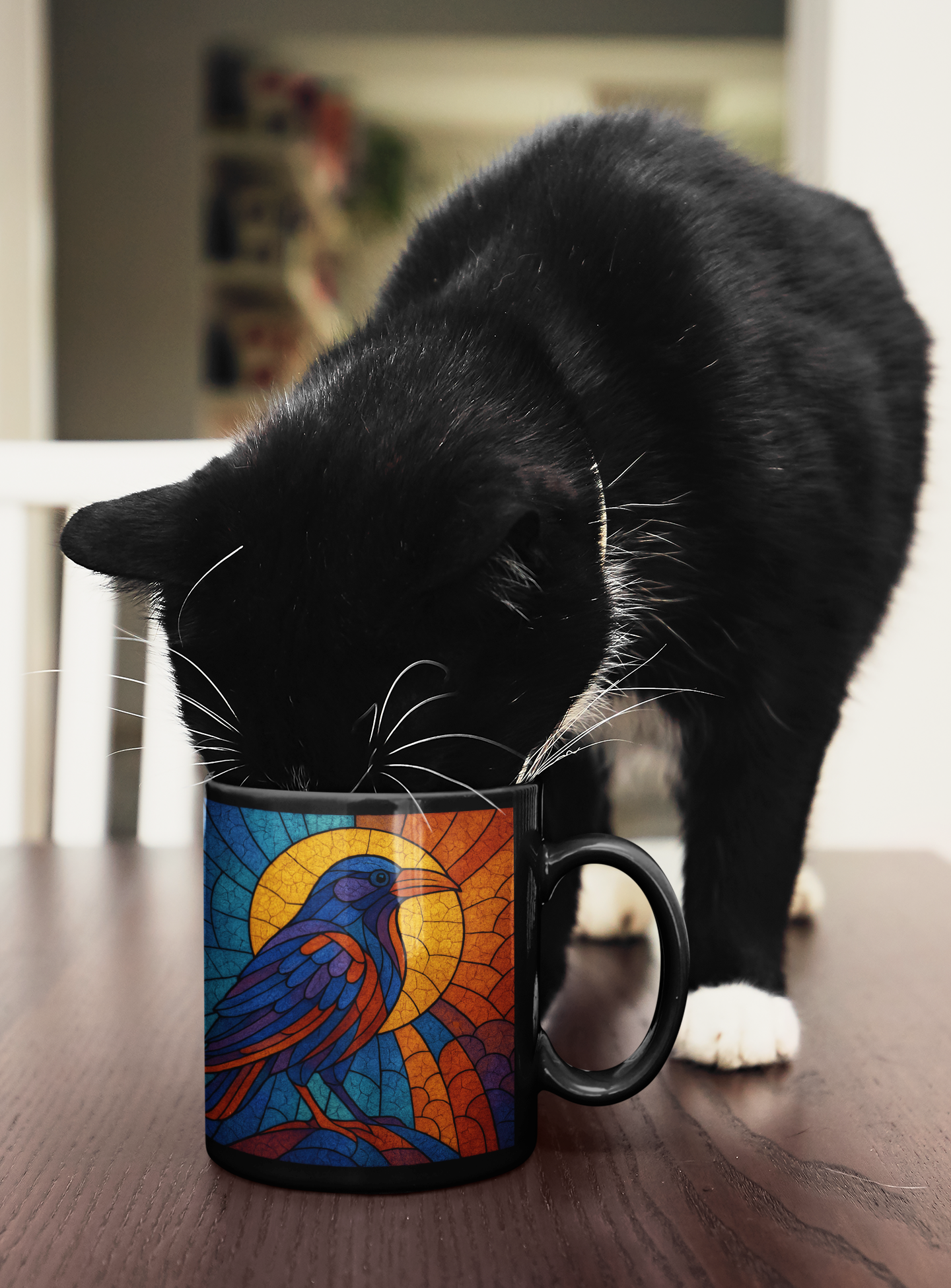 Raven Stained-Glass Effect Mug, This raven mug isn't just a drinkware item; it's an exquisite raven gift for those who cherish the mystique of these storied creatures.