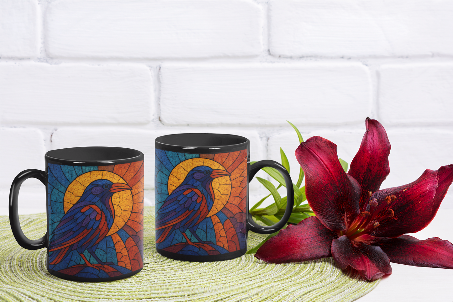 Raven Stained-Glass Effect Mug, This raven mug isn't just a drinkware item; it's an exquisite raven gift for those who cherish the mystique of these storied creatures.