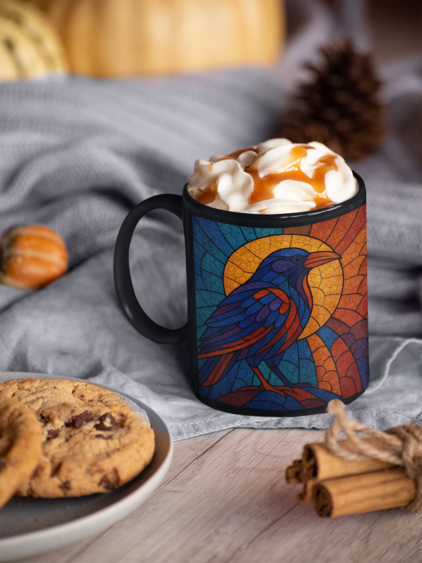 Raven Stained-Glass Effect Mug, This raven mug isn't just a drinkware item; it's an exquisite raven gift for those who cherish the mystique of these storied creatures.