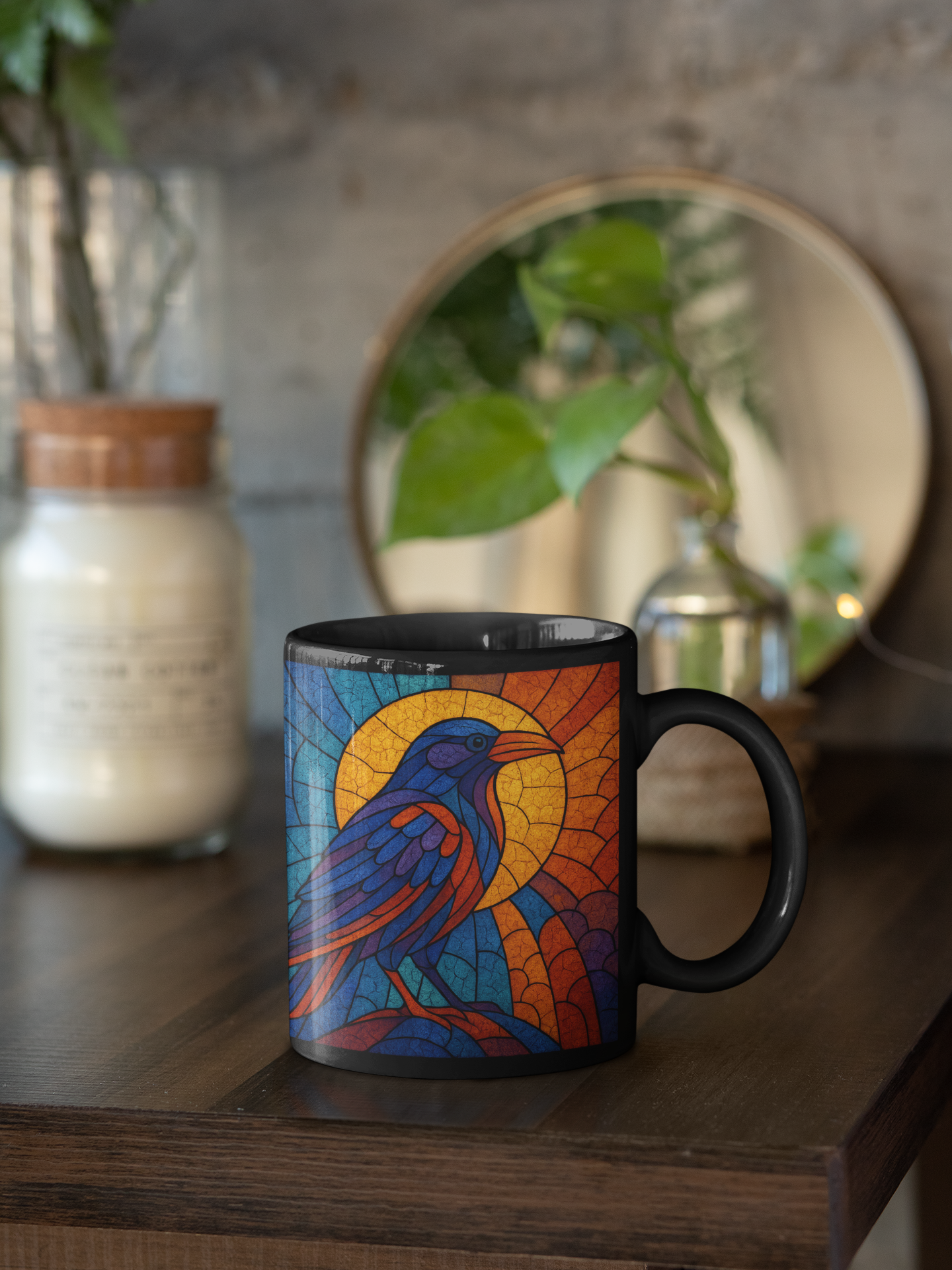 Raven Stained-Glass Effect Mug, This raven mug isn't just a drinkware item; it's an exquisite raven gift for those who cherish the mystique of these storied creatures.