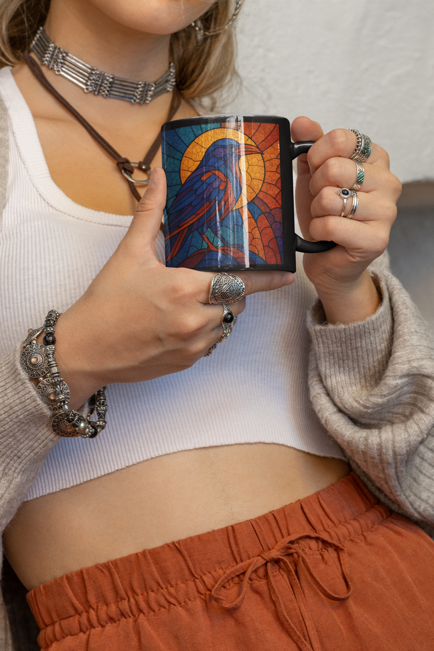 Raven Stained-Glass Effect Mug, This raven mug isn't just a drinkware item; it's an exquisite raven gift for those who cherish the mystique of these storied creatures.