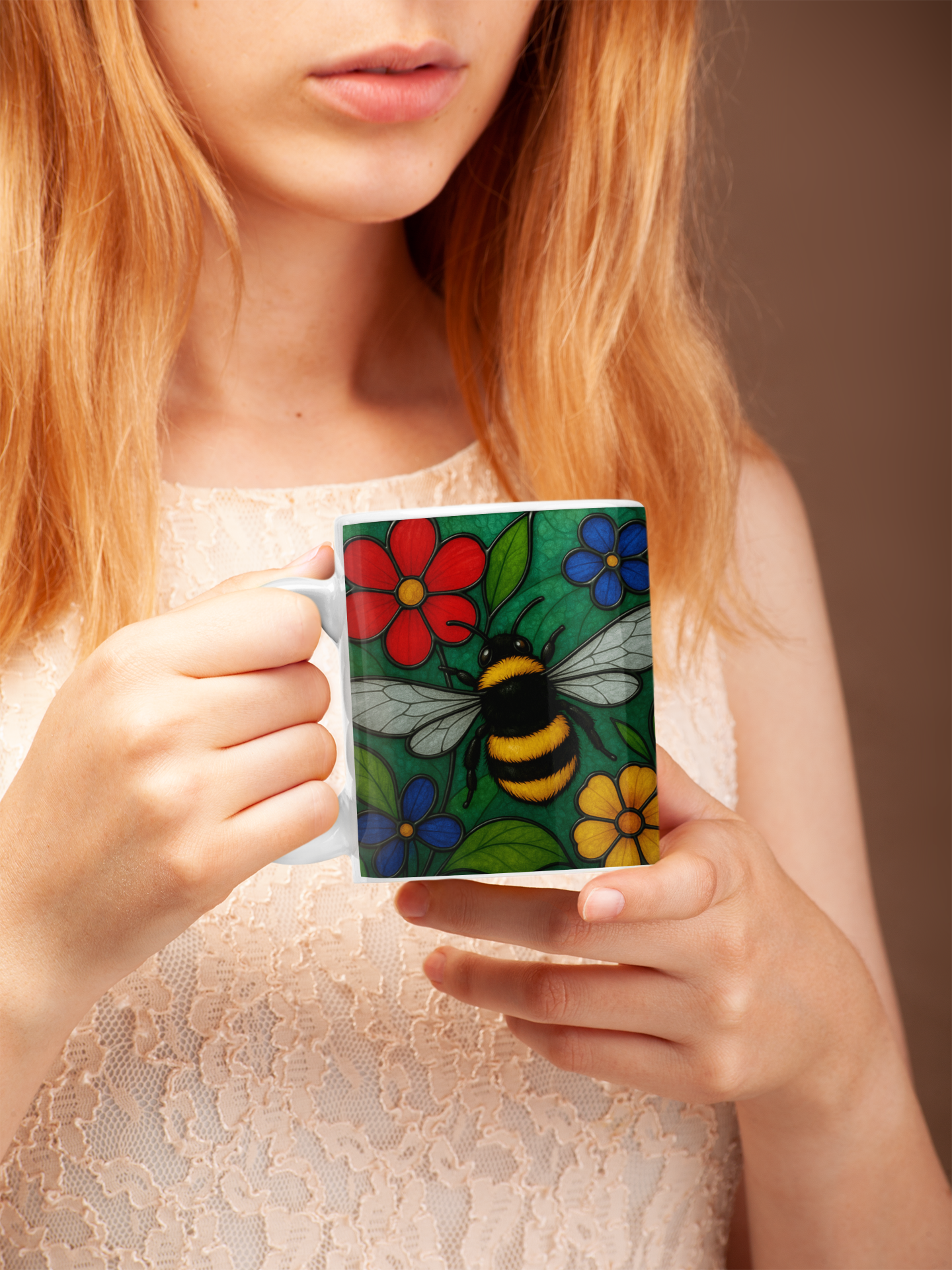 Bumblebee Mug Stained Glass Effect, Perfect for any bee lover, this bee coffee mug captures the delicate beauty of a bustling garden scene, making it an ideal bee lover gift or beekeeper gift.