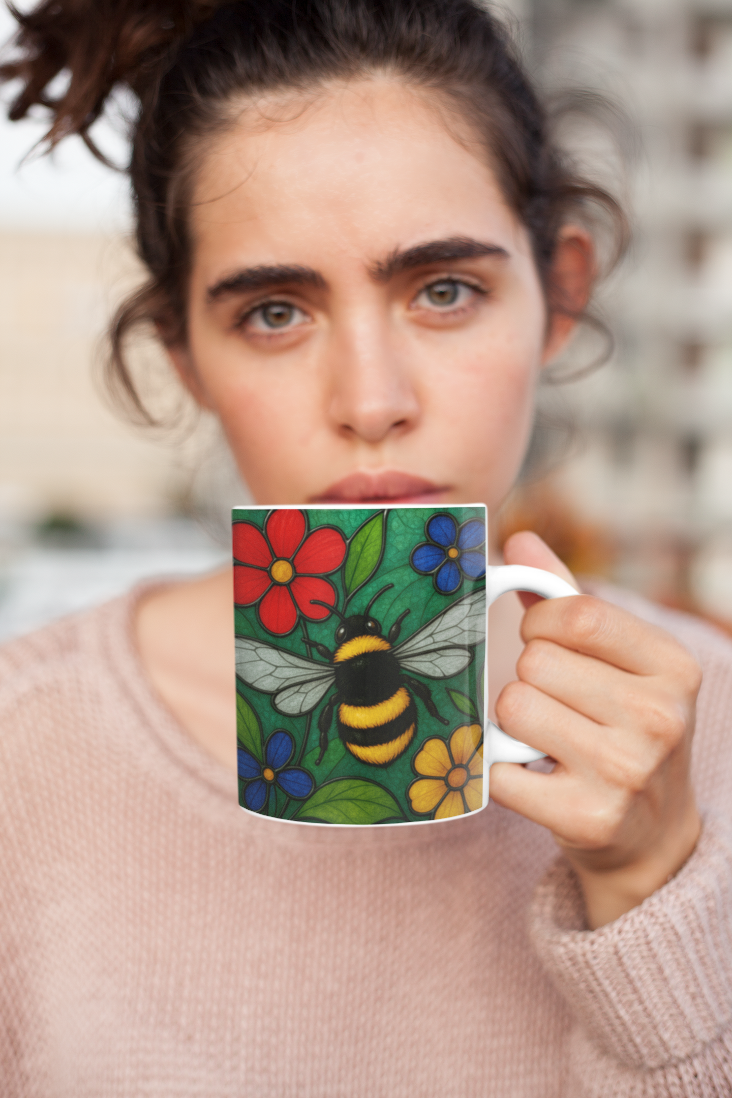 Bumblebee Mug Stained Glass Effect, Perfect for any bee lover, this bee coffee mug captures the delicate beauty of a bustling garden scene, making it an ideal bee lover gift or beekeeper gift.