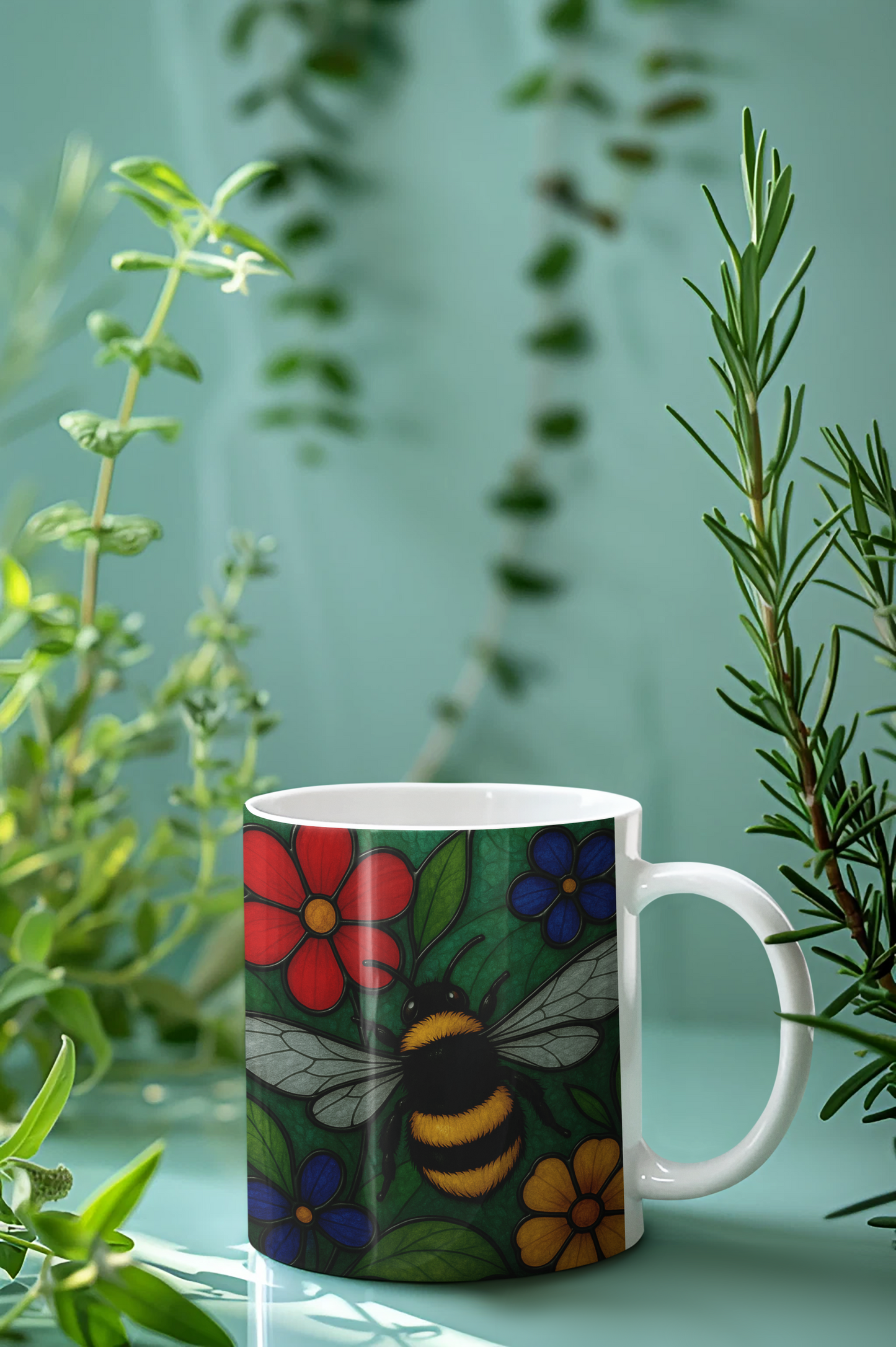 Bumblebee Mug Stained Glass Effect, Perfect for any bee lover, this bee coffee mug captures the delicate beauty of a bustling garden scene, making it an ideal bee lover gift or beekeeper gift.