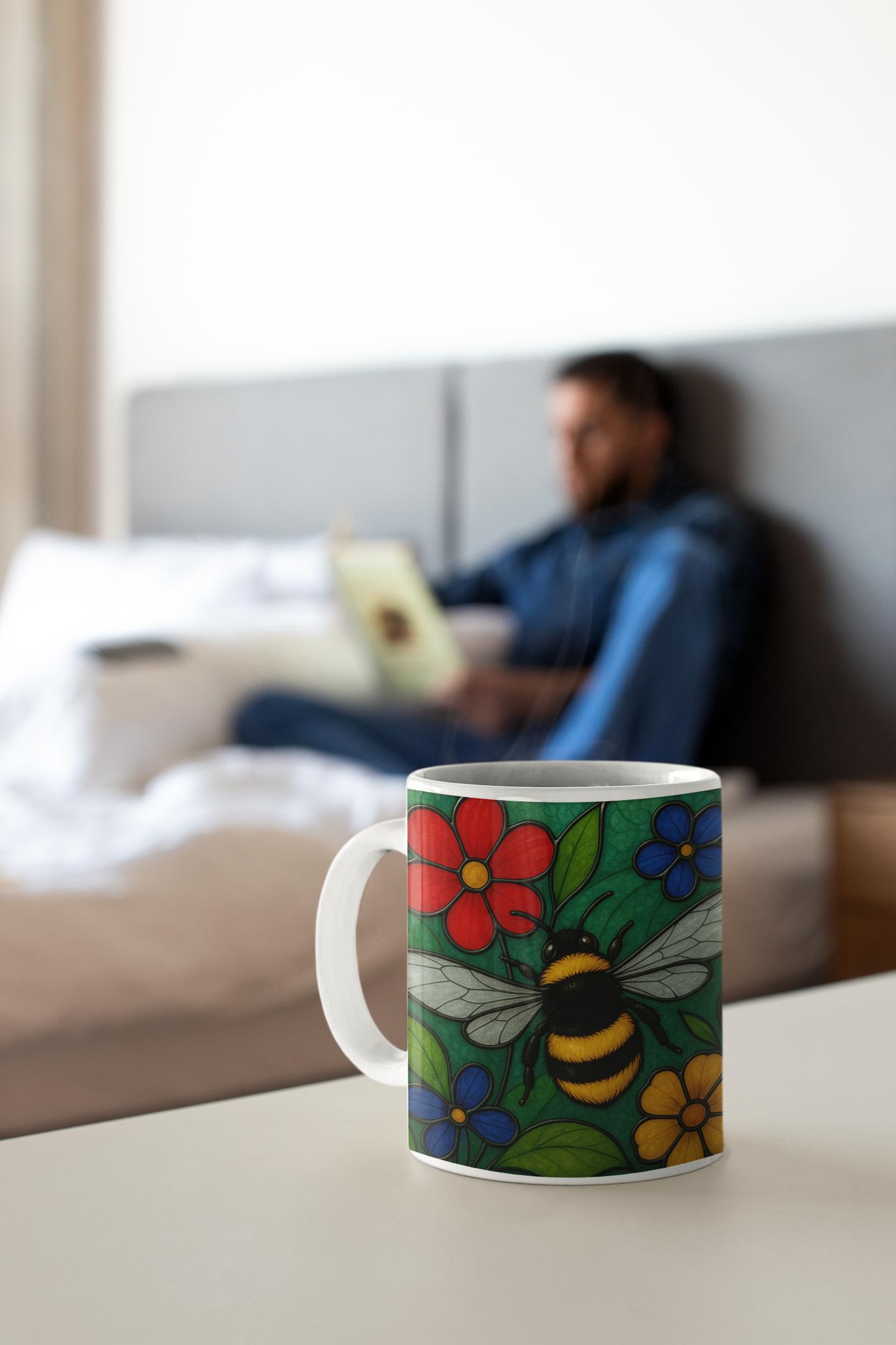 Bumblebee Mug Stained Glass Effect, Perfect for any bee lover, this bee coffee mug captures the delicate beauty of a bustling garden scene, making it an ideal bee lover gift or beekeeper gift.