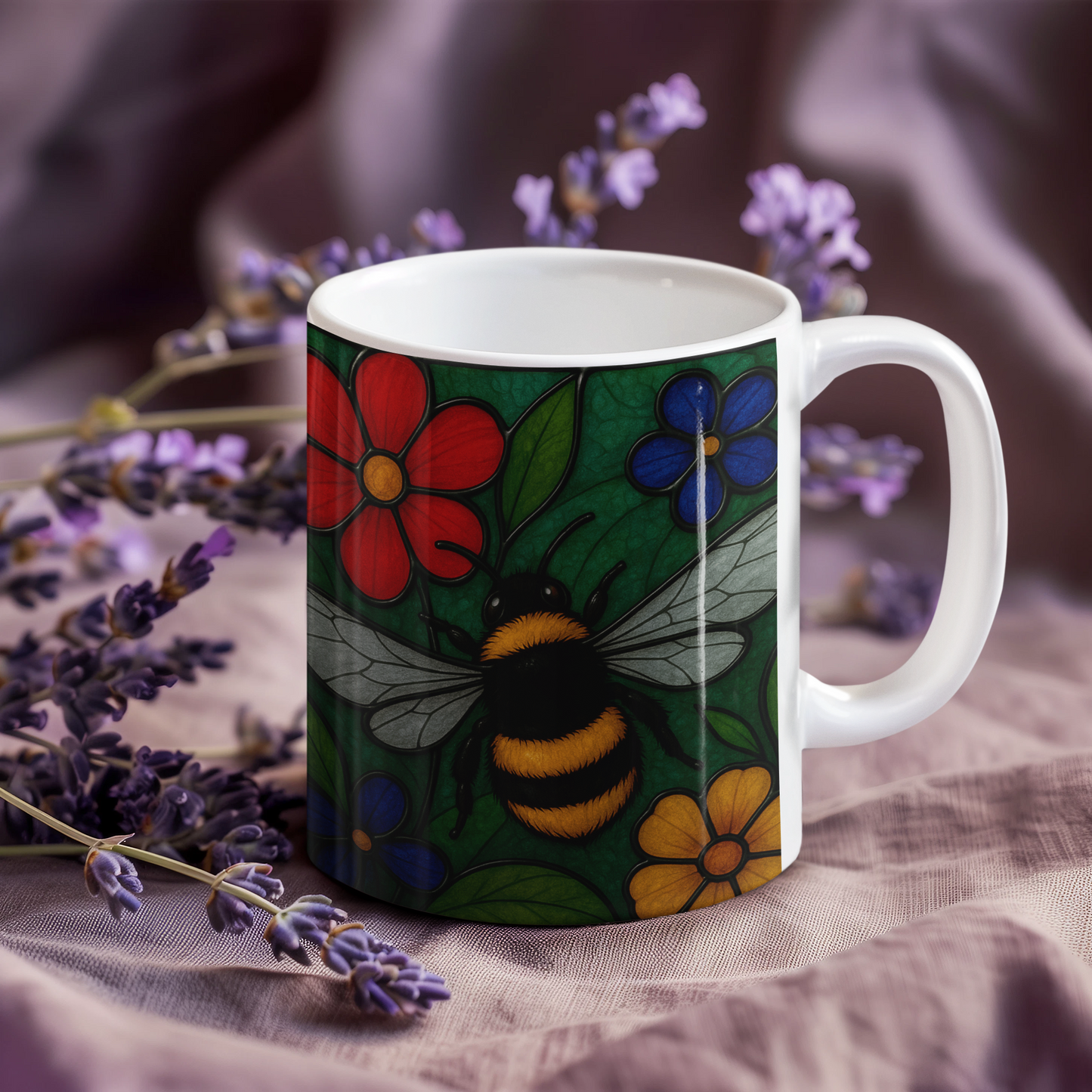 Bumblebee Mug Stained Glass Effect, Perfect for any bee lover, this bee coffee mug captures the delicate beauty of a bustling garden scene, making it an ideal bee lover gift or beekeeper gift.