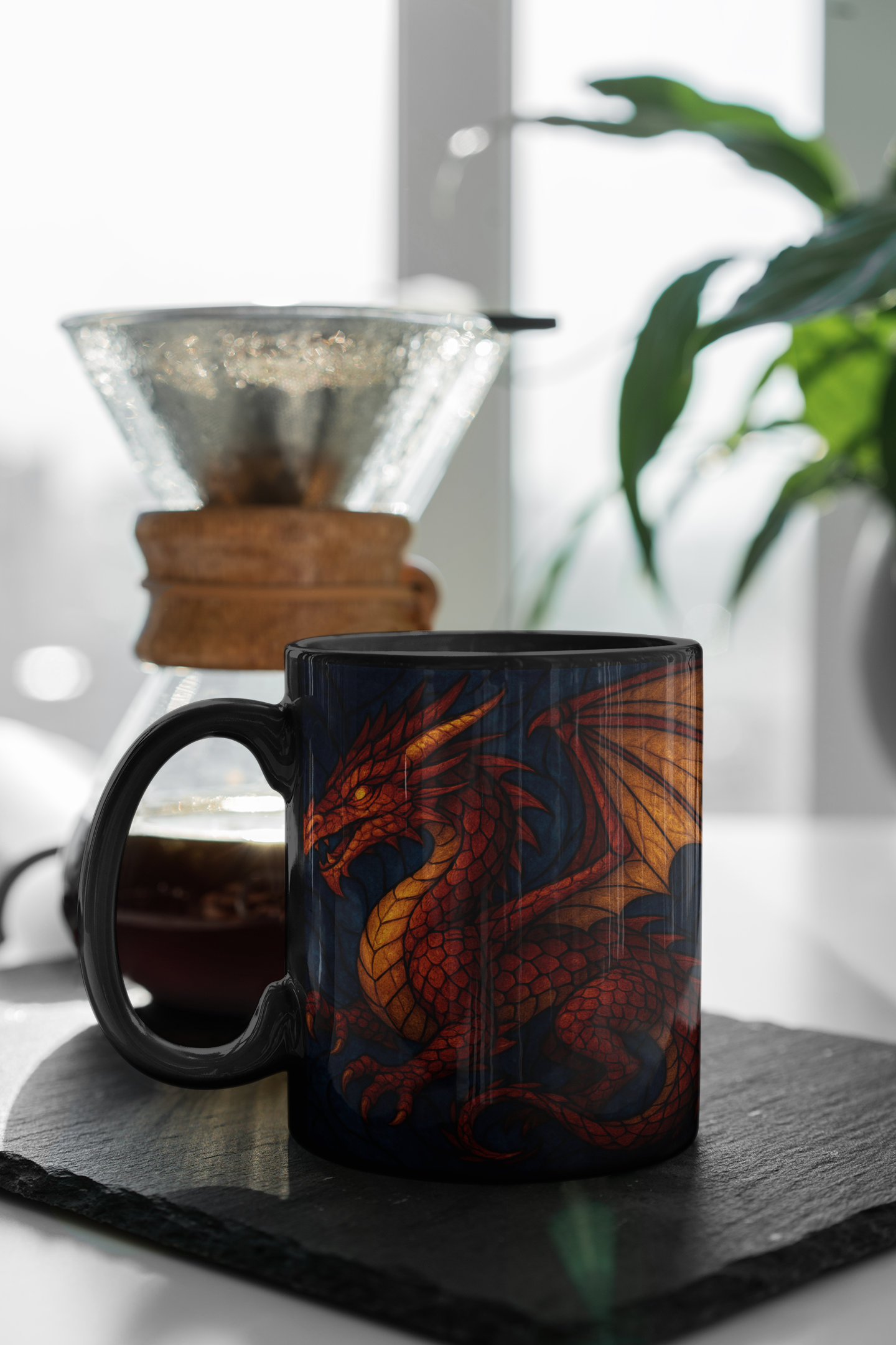 Stained Glass Effect Dragon Coffee Mug, Whether for your morning coffee or evening tea, this dragon cup is the perfect dragon gift for any dragon lover. Experience the enchantment of every brew with this unique dragon coffee mug.