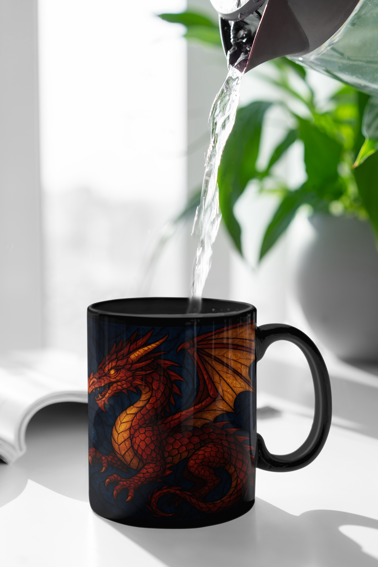 Stained Glass Effect Dragon Coffee Mug, Whether for your morning coffee or evening tea, this dragon cup is the perfect dragon gift for any dragon lover. Experience the enchantment of every brew with this unique dragon coffee mug.