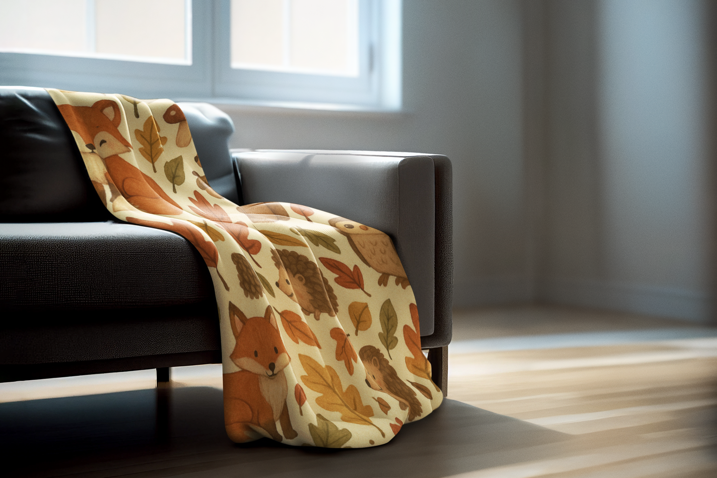 Woodland Friends Autumnal Blanket, Featuring delightful woodland creatures, this sofa blanket is the perfect accent to your autumnal decor.