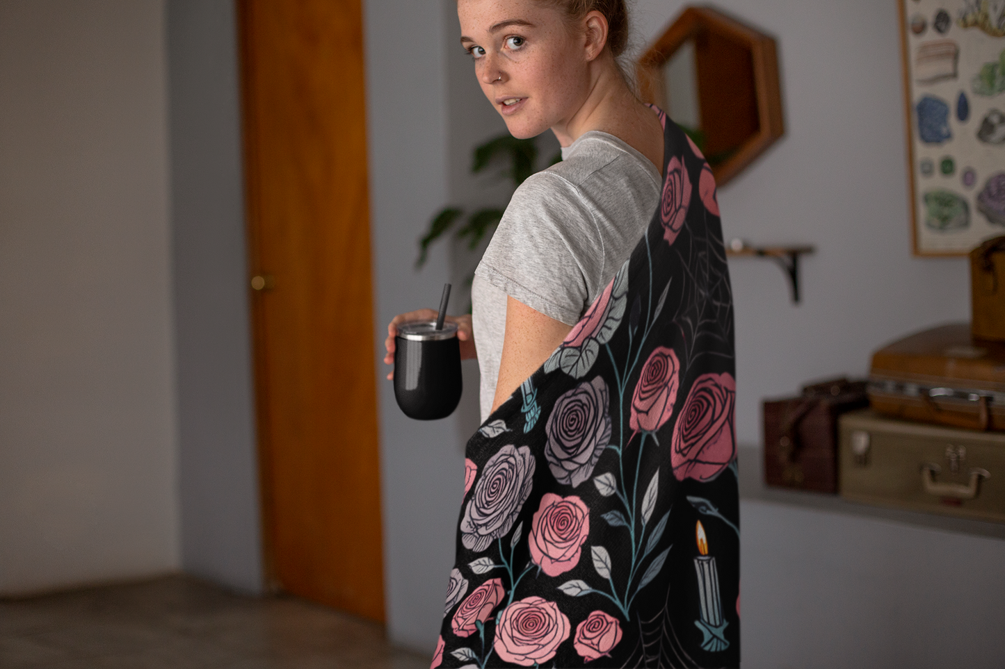 Gothic Pink Halloween Rose Blanket, Perfect as a Spooky Gift, it brings a whisper of elegance to your Halloween Decor.