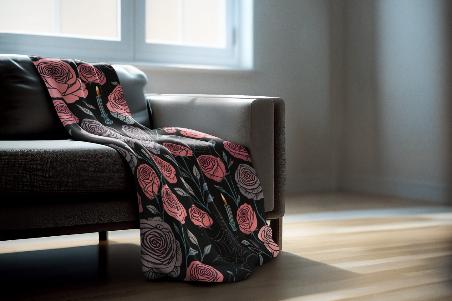 Gothic Pink Halloween Rose Blanket, Perfect as a Spooky Gift, it brings a whisper of elegance to your Halloween Decor.