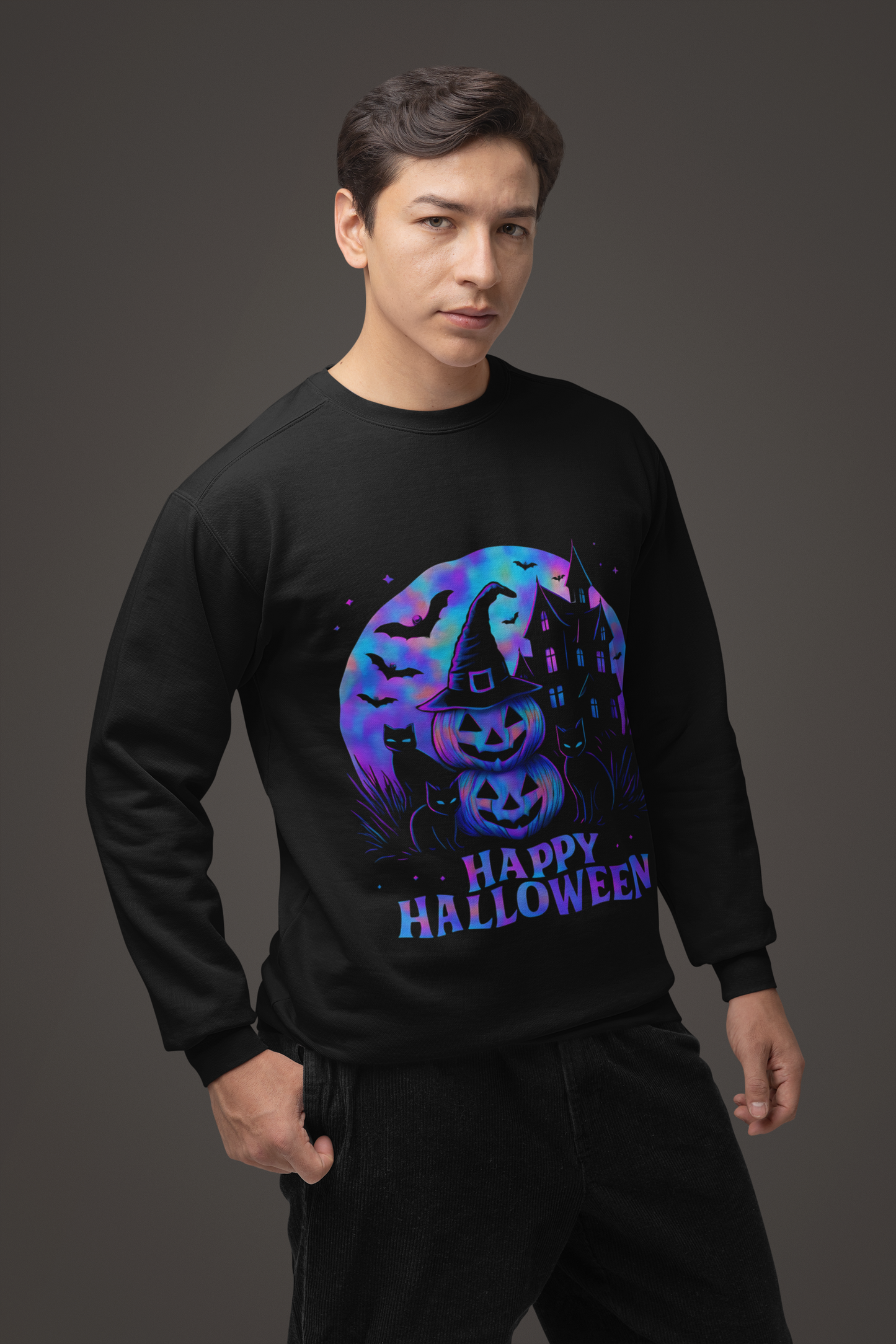 Happy Halloween Holographic Jumper, this jumper’s mesmerizing holographic design transforms any outfit into a Halloween masterpiece.