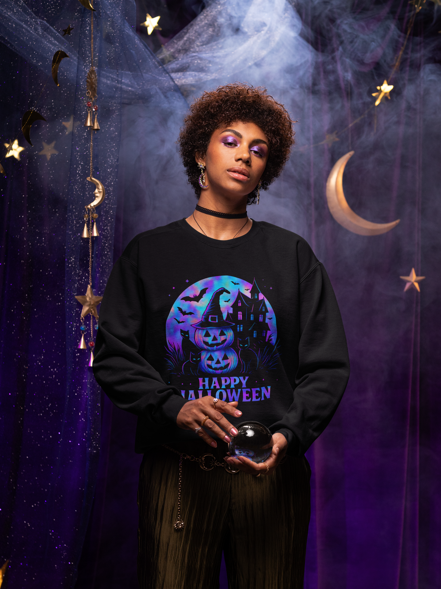 Happy Halloween Holographic Jumper, this jumper’s mesmerizing holographic design transforms any outfit into a Halloween masterpiece.
