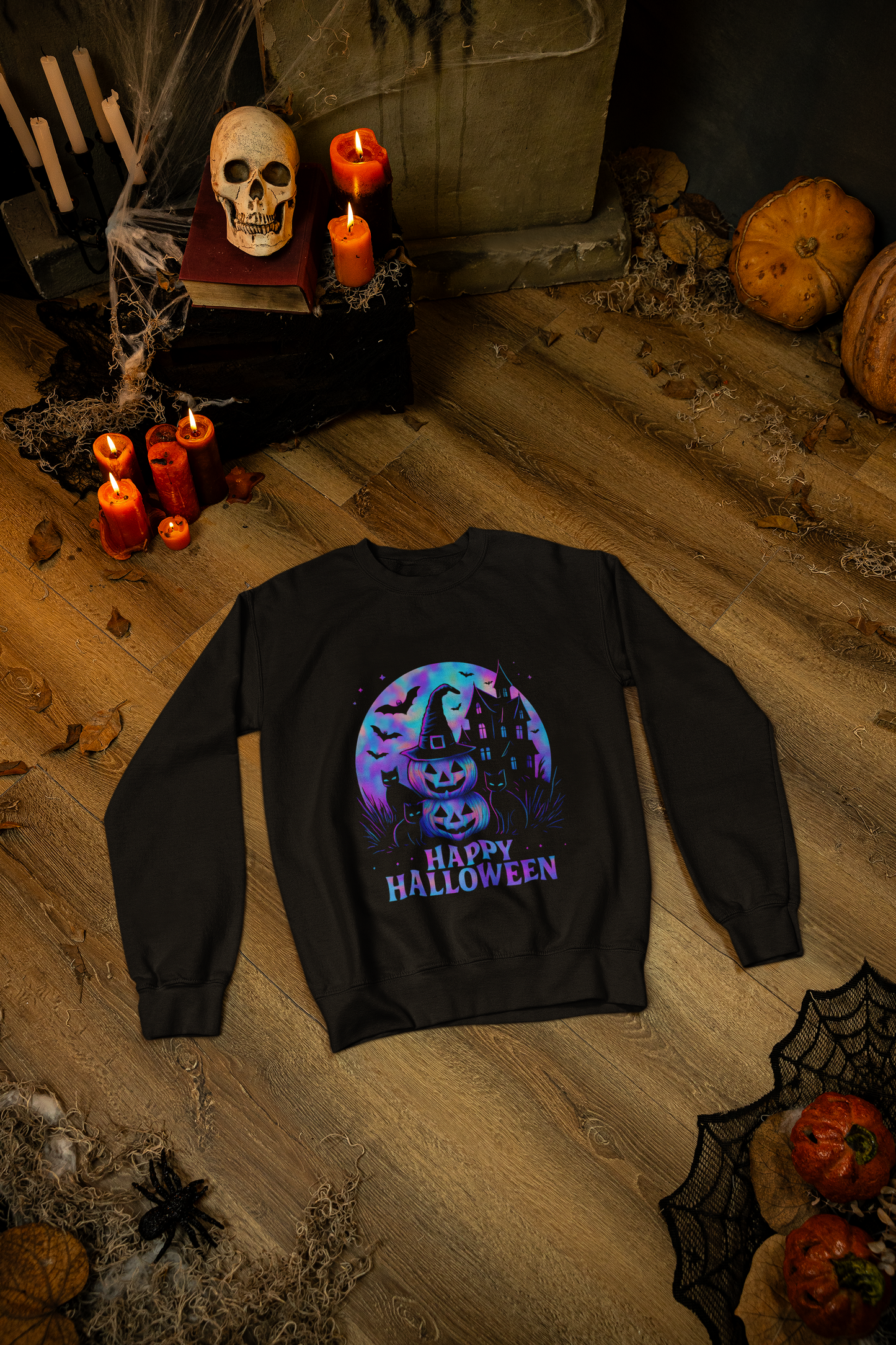 Happy Halloween Holographic Jumper, this jumper’s mesmerizing holographic design transforms any outfit into a Halloween masterpiece.