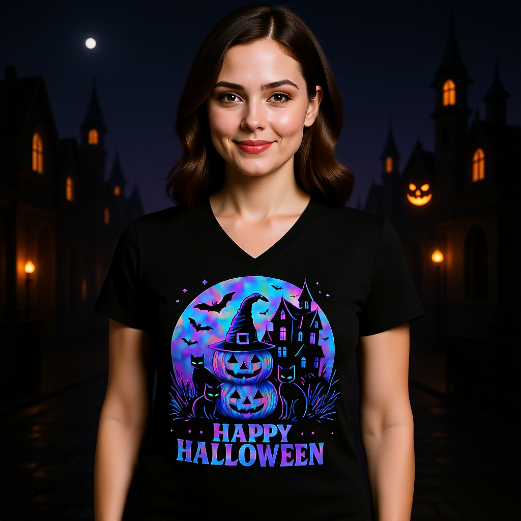 Happy Halloween Holographic V-Neck T-Shirt,the perfect choice for any Halloween celebration.