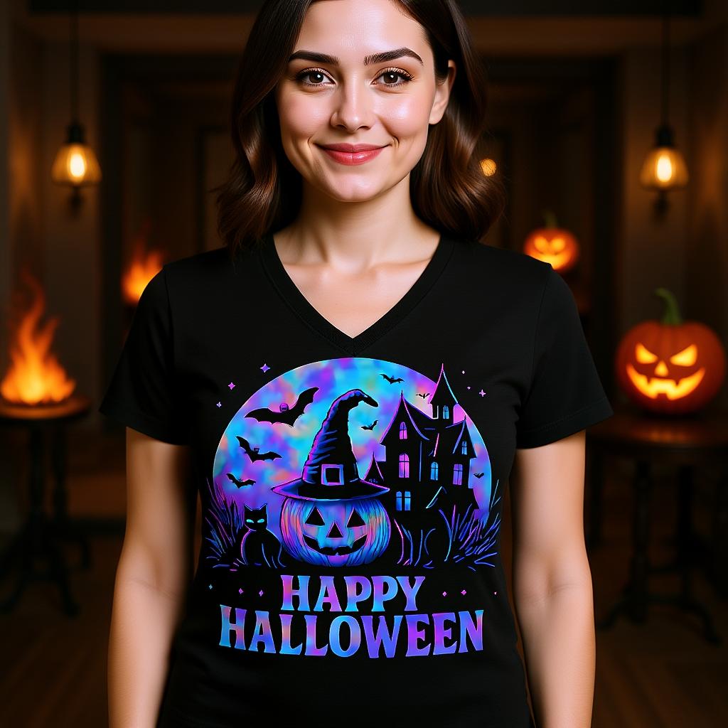 Happy Halloween Holographic V-Neck T-Shirt,the perfect choice for any Halloween celebration.