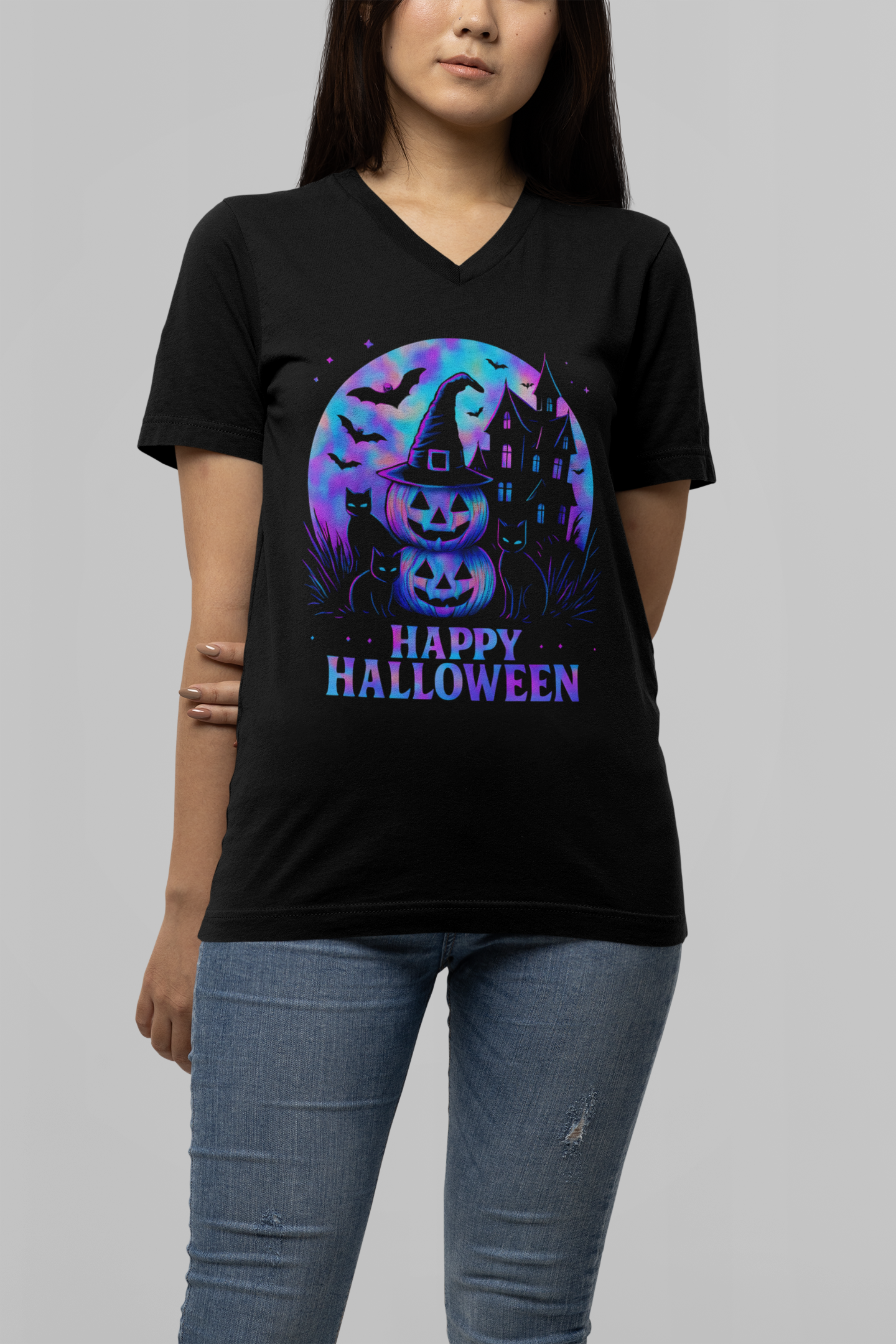 Happy Halloween Holographic V-Neck T-Shirt,the perfect choice for any Halloween celebration.