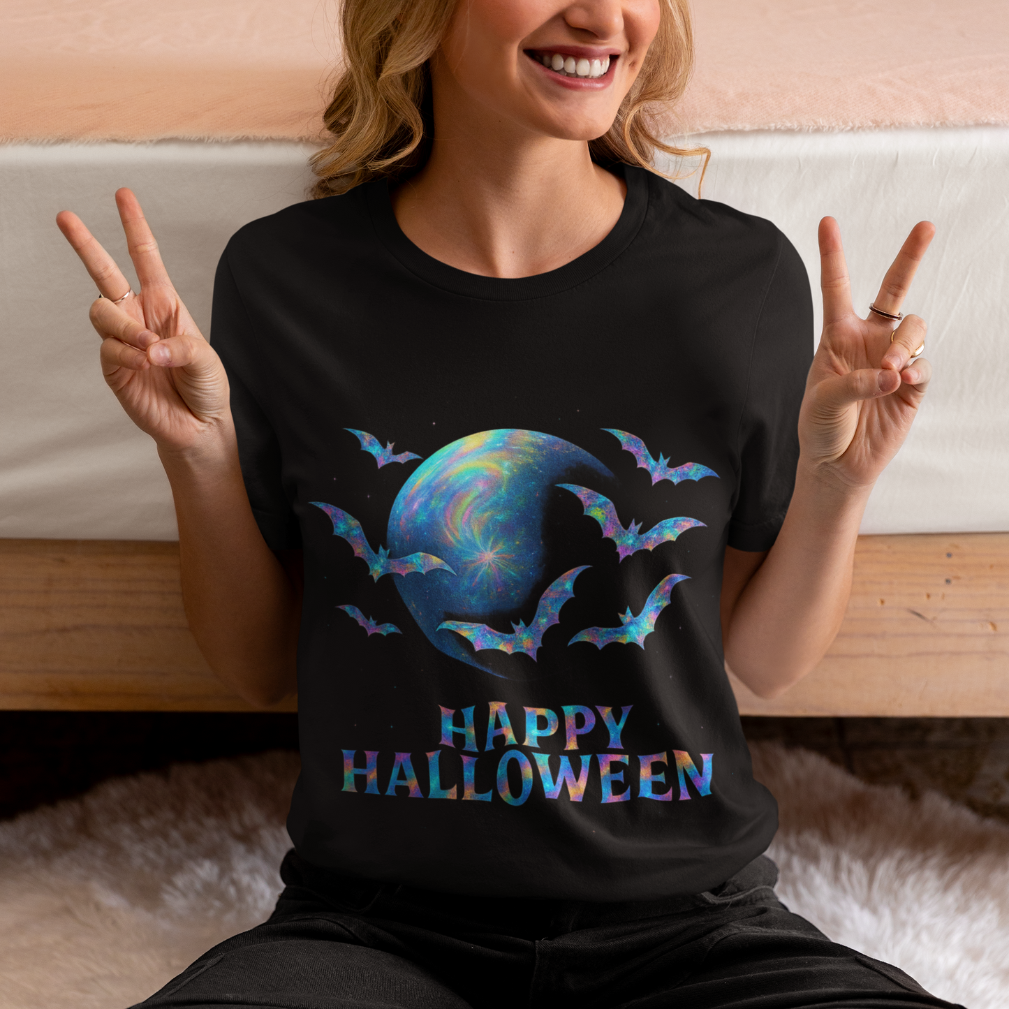 Happy Halloween Holographic style Bat Tshirt, It's a fusion of art and fashion—a masterpiece of holographic art that transforms a simple bat shirt into a standout piece.