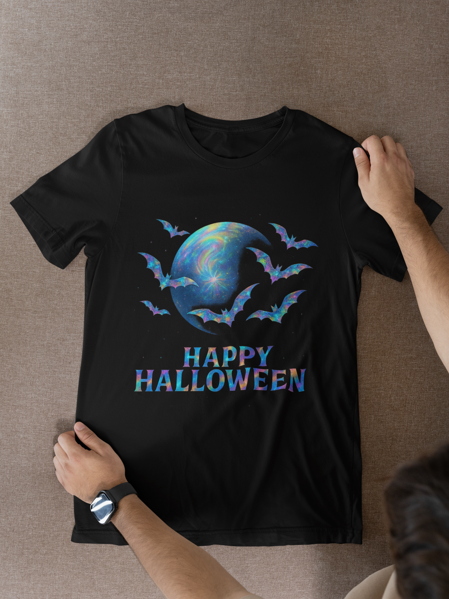 Happy Halloween Holographic style Bat Tshirt, It's a fusion of art and fashion—a masterpiece of holographic art that transforms a simple bat shirt into a standout piece.
