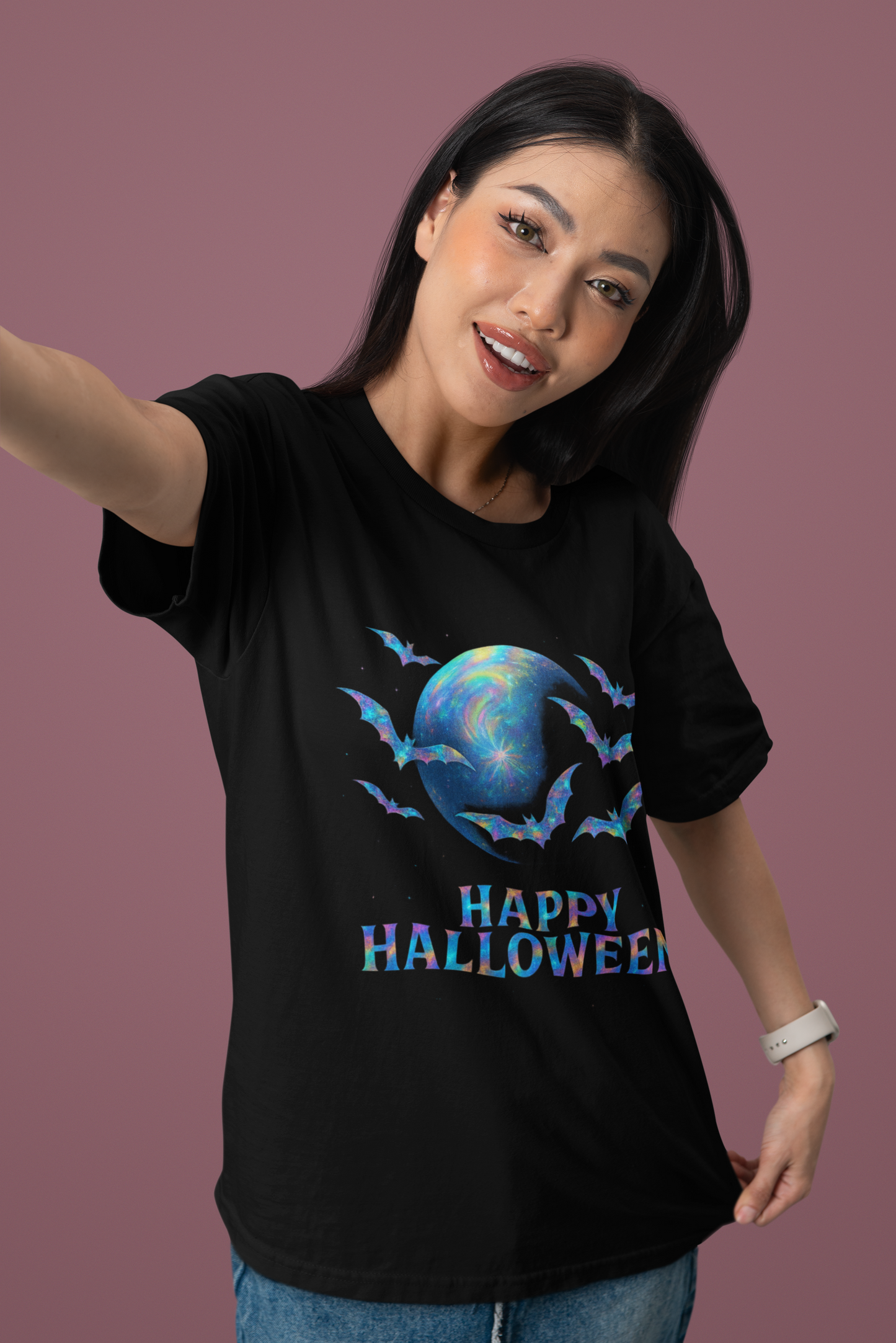 Happy Halloween Holographic style Bat Tshirt, It's a fusion of art and fashion—a masterpiece of holographic art that transforms a simple bat shirt into a standout piece.