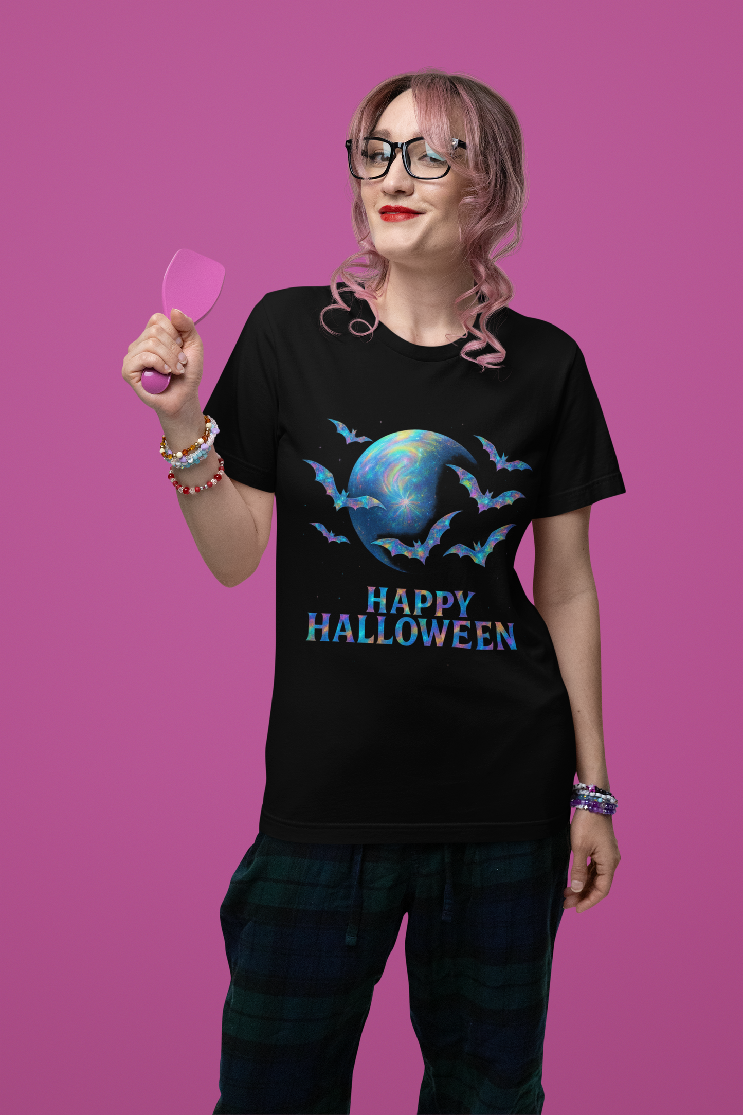 Happy Halloween Holographic style Bat Tshirt, It's a fusion of art and fashion—a masterpiece of holographic art that transforms a simple bat shirt into a standout piece.