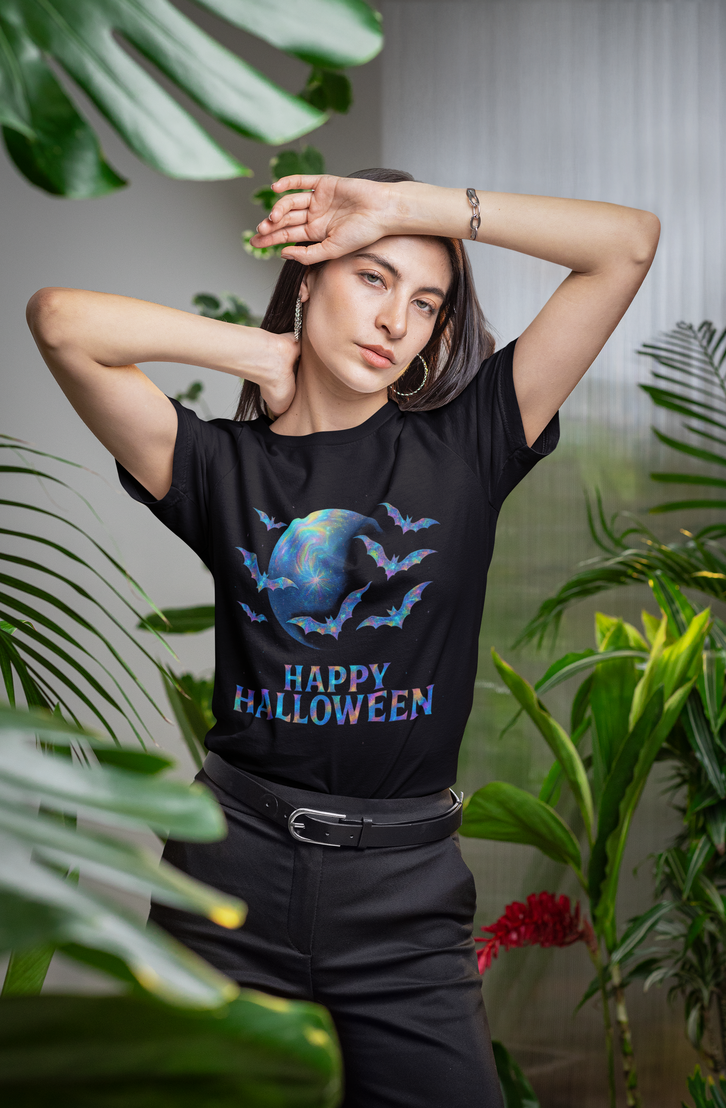 Happy Halloween Holographic style Bat Tshirt, It's a fusion of art and fashion—a masterpiece of holographic art that transforms a simple bat shirt into a standout piece.