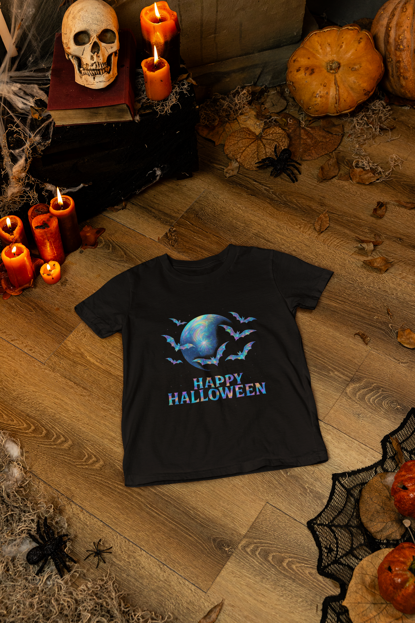 Happy Halloween Holographic style Bat Tshirt, It's a fusion of art and fashion—a masterpiece of holographic art that transforms a simple bat shirt into a standout piece.