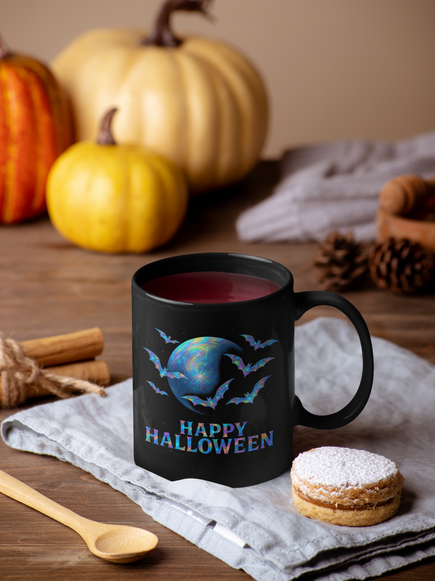 Happy Halloween Holographic Style Bat Mug, an essential addition to your coffee cup designs collection, celebrating the spooky season in style.